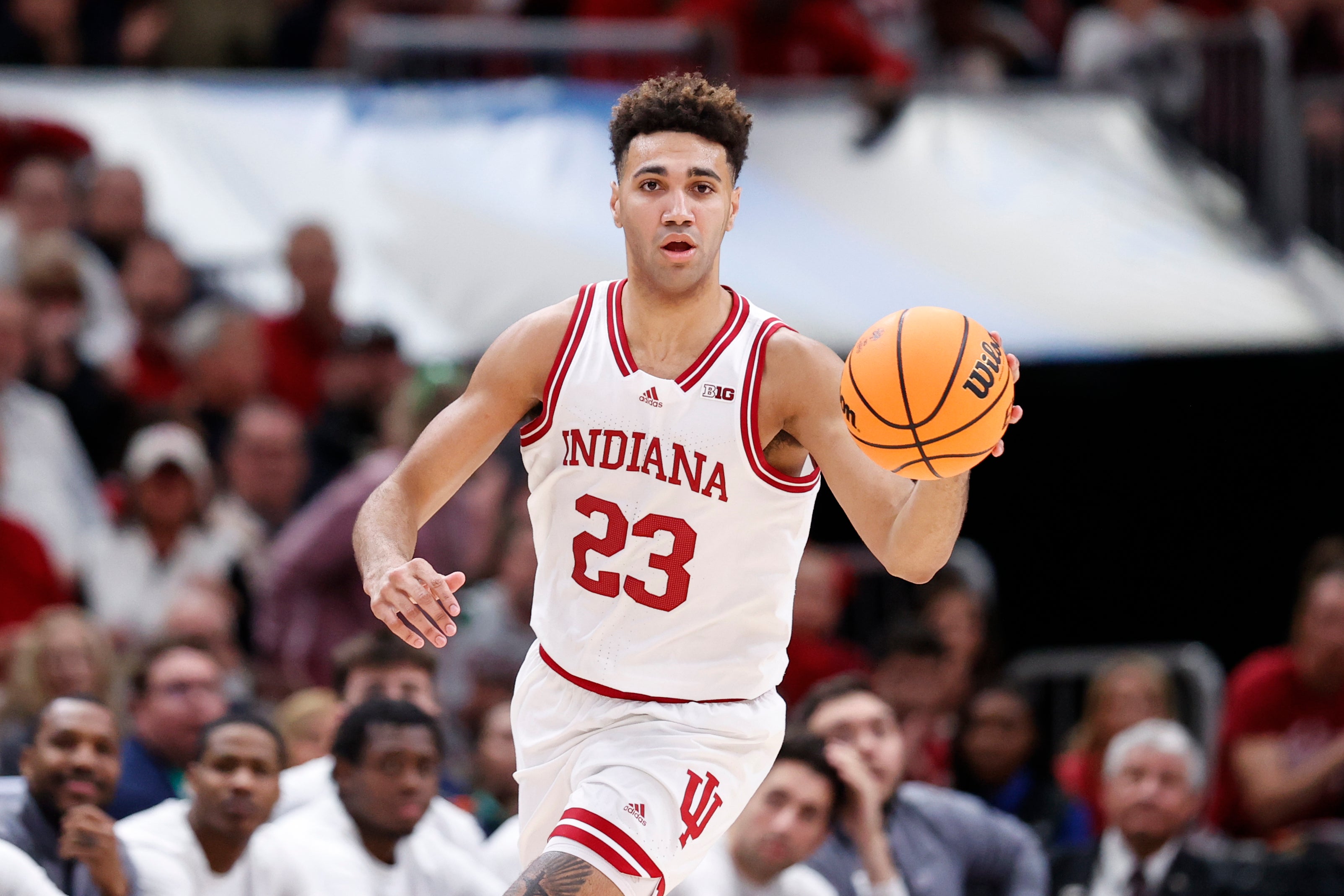 Mar 11, 2023; Chicago, IL, USA; Indiana Hoosiers forward Trayce Jackson-Davis (23) brings the ball up court against the Penn State Nittany Lions during the second half at United Center.