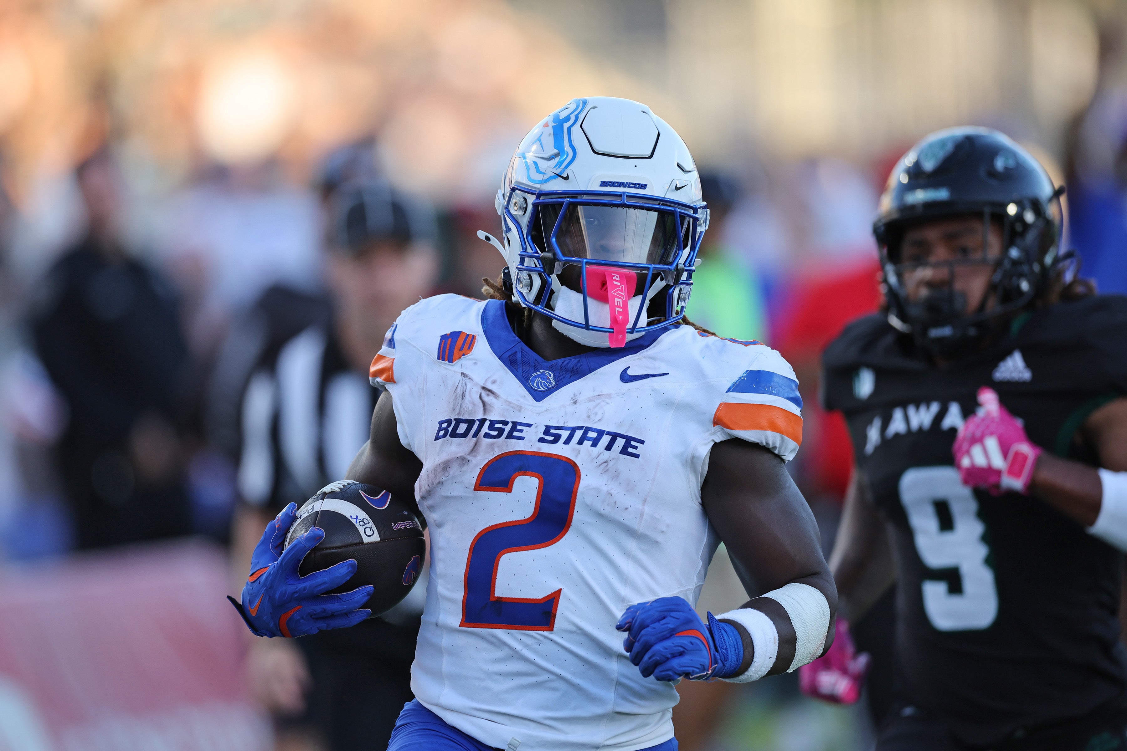 Oct 12, 2024; Honolulu, Hawaii, USA; Boise State Broncos running back Ashton Jeanty (2) runs the ball in for a touchdown during the first quarter an NCAA college football game against the Hawaii Rainbow Warriors at Clarence T.C. Ching Athletics Complex.