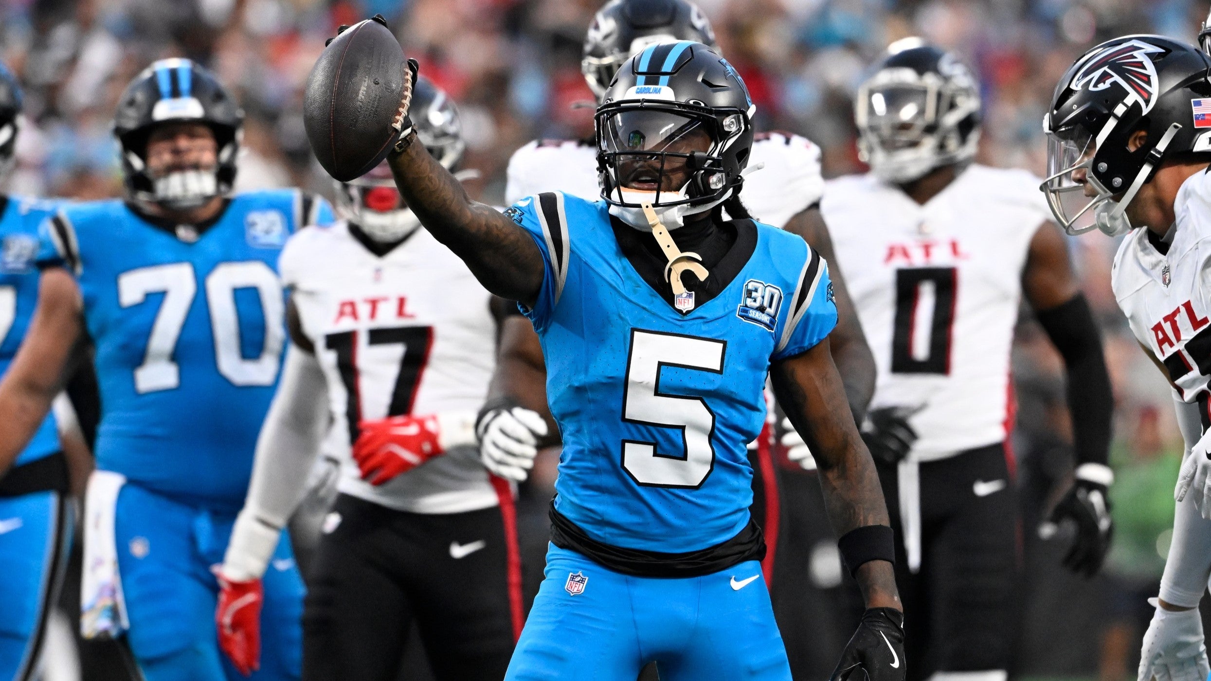 Oct 13, 2024; Charlotte, North Carolina, USA; Carolina Panthers wide receiver Diontae Johnson (5) reacts after making a catch in the second quarter at Bank of America Stadium.