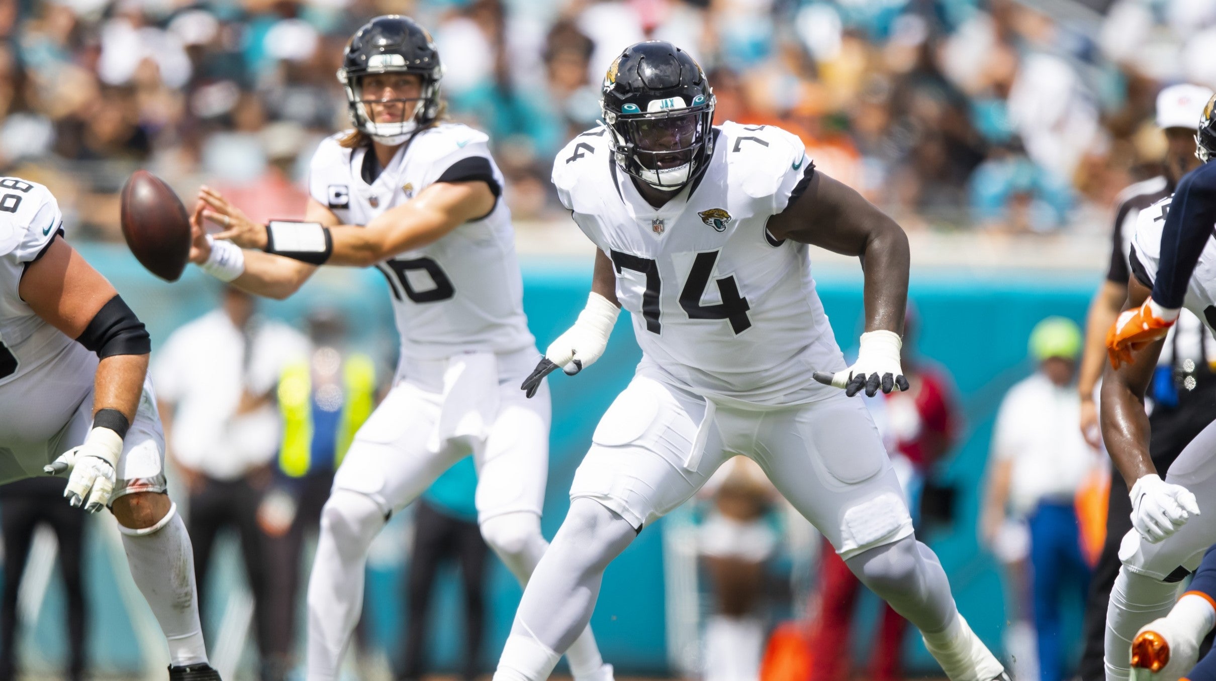 Sep 19, 2021; Jacksonville, Florida, USA; Jacksonville Jaguars offensive tackle Cam Robinson (74) against the Denver Broncos at TIAA Bank Field.