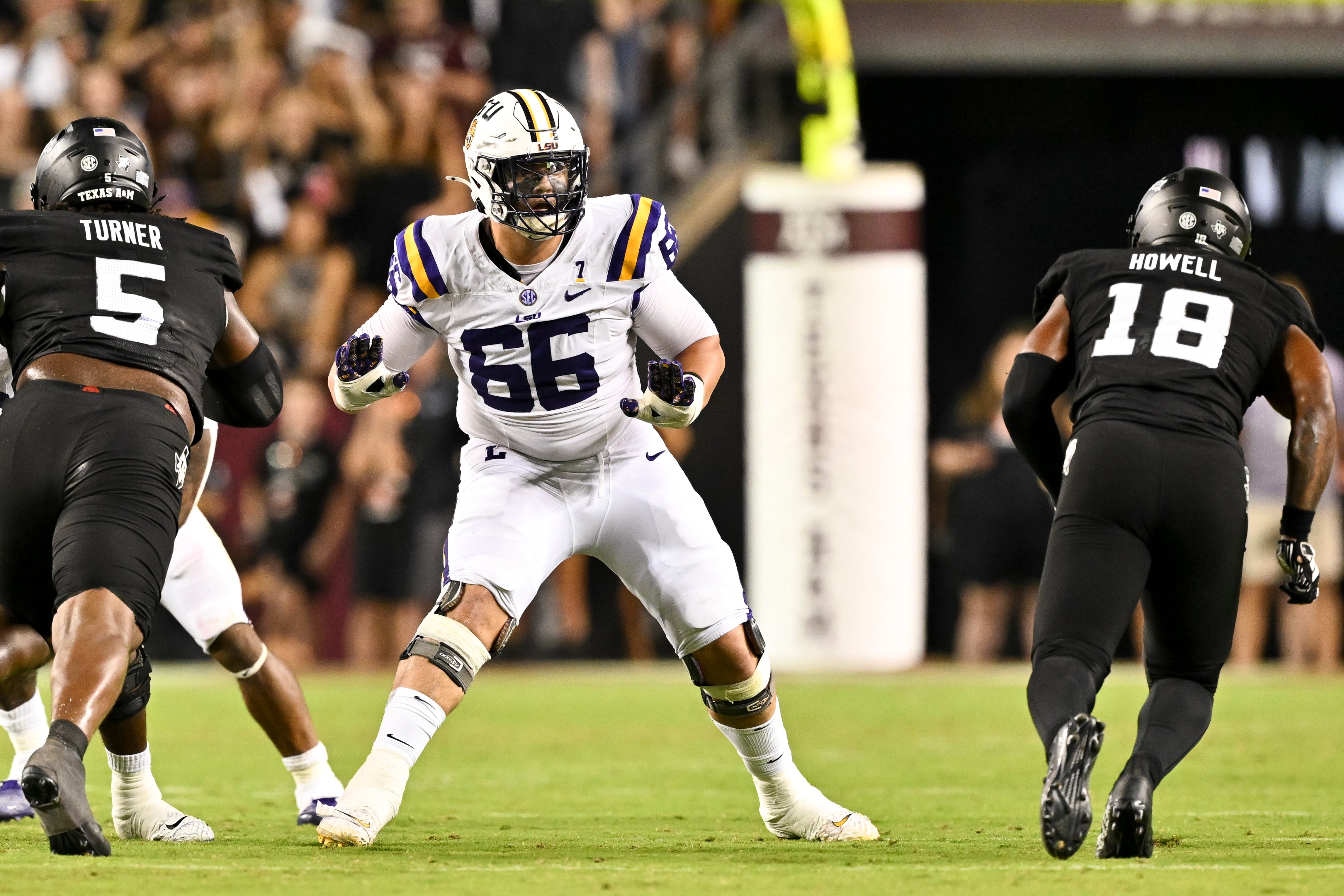 Oct 26, 2024; College Station, Texas, USA; LSU Tigers offensive tackle Will Campbell (66) in action during the second half against the Texas A&M Aggies. The Aggies defeated the Tigers 38-23; at Kyle Field. 