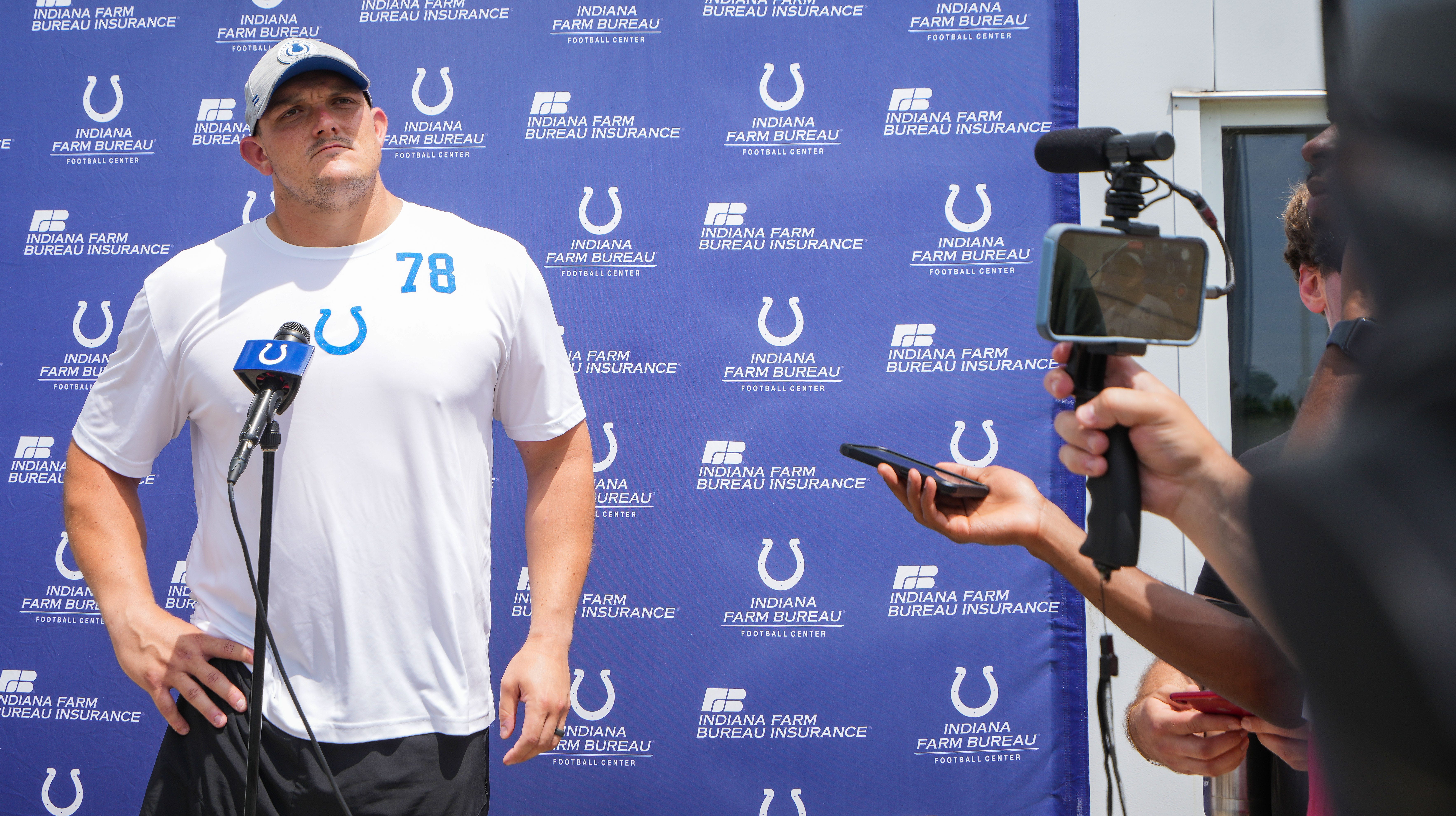 Indianapolis Colts Ryan Kelly (78) talks with press Wednesday, June 5, 2024, ahead of practice at the Colts Practice Facility in Indianapolis.