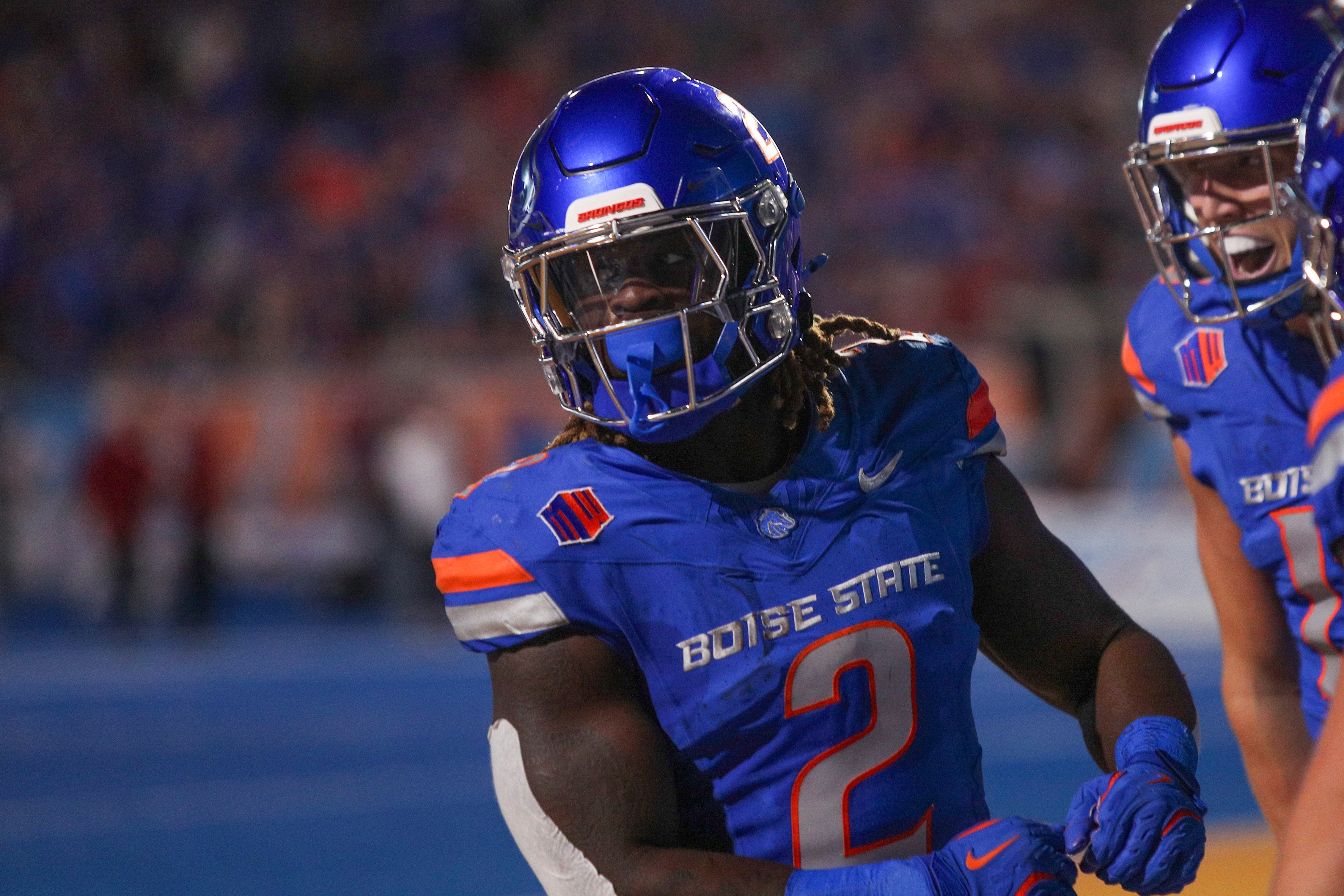 Sep 28, 2024; Boise, Idaho, USA; Boise State Broncos running back Ashton Jeanty (2) after scoring a 64-yard touchdown versus the Washington State Cougars at Albertsons Stadium.