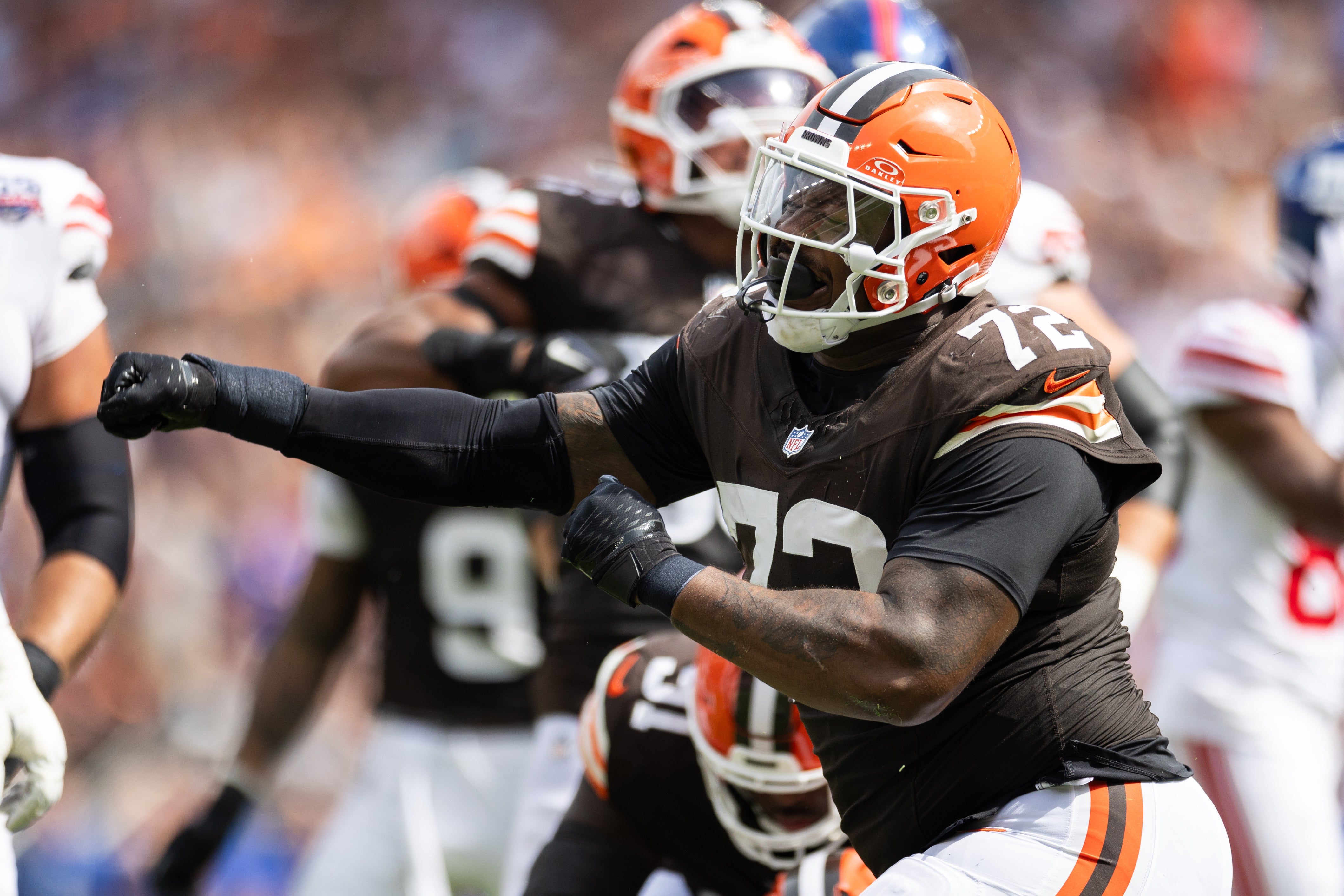 Cleveland Browns defensive tackle Quinton Jefferson (72) celebrates his tackle for a loss of yardage against the New York Giants during the second quarter at Huntington Bank Field.
