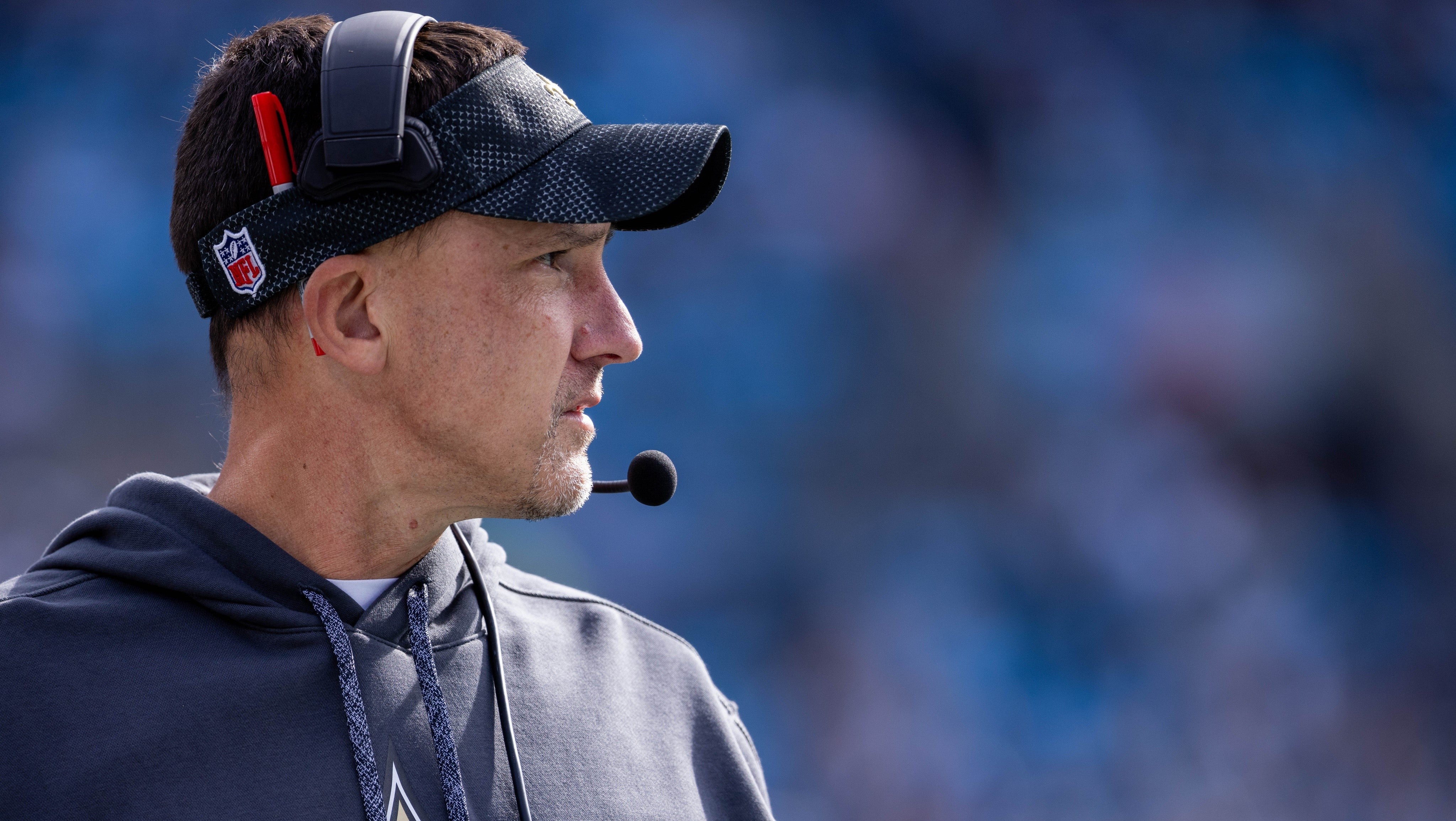 Nov 3, 2024; Charlotte, North Carolina, USA; New Orleans Saints head coach Dennis Allen during the first quarter against the Carolina Panthers at Bank of America Stadium.