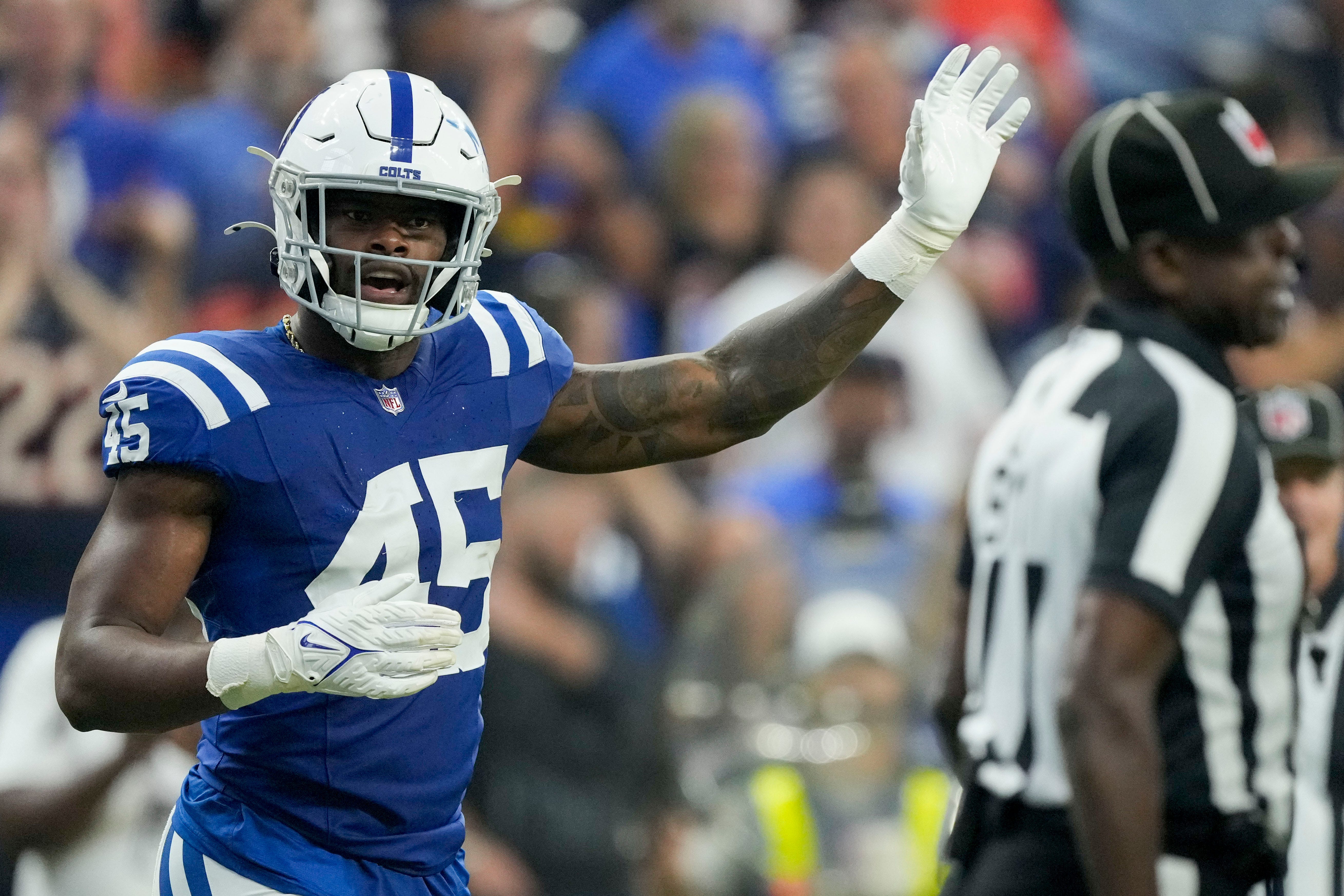 Indianapolis Colts linebacker E.J. Speed (45) reacts after a foul call Sunday, Sept. 22, 2024, during a game against the Chicago Bears at Lucas Oil Stadium in Indianapolis.