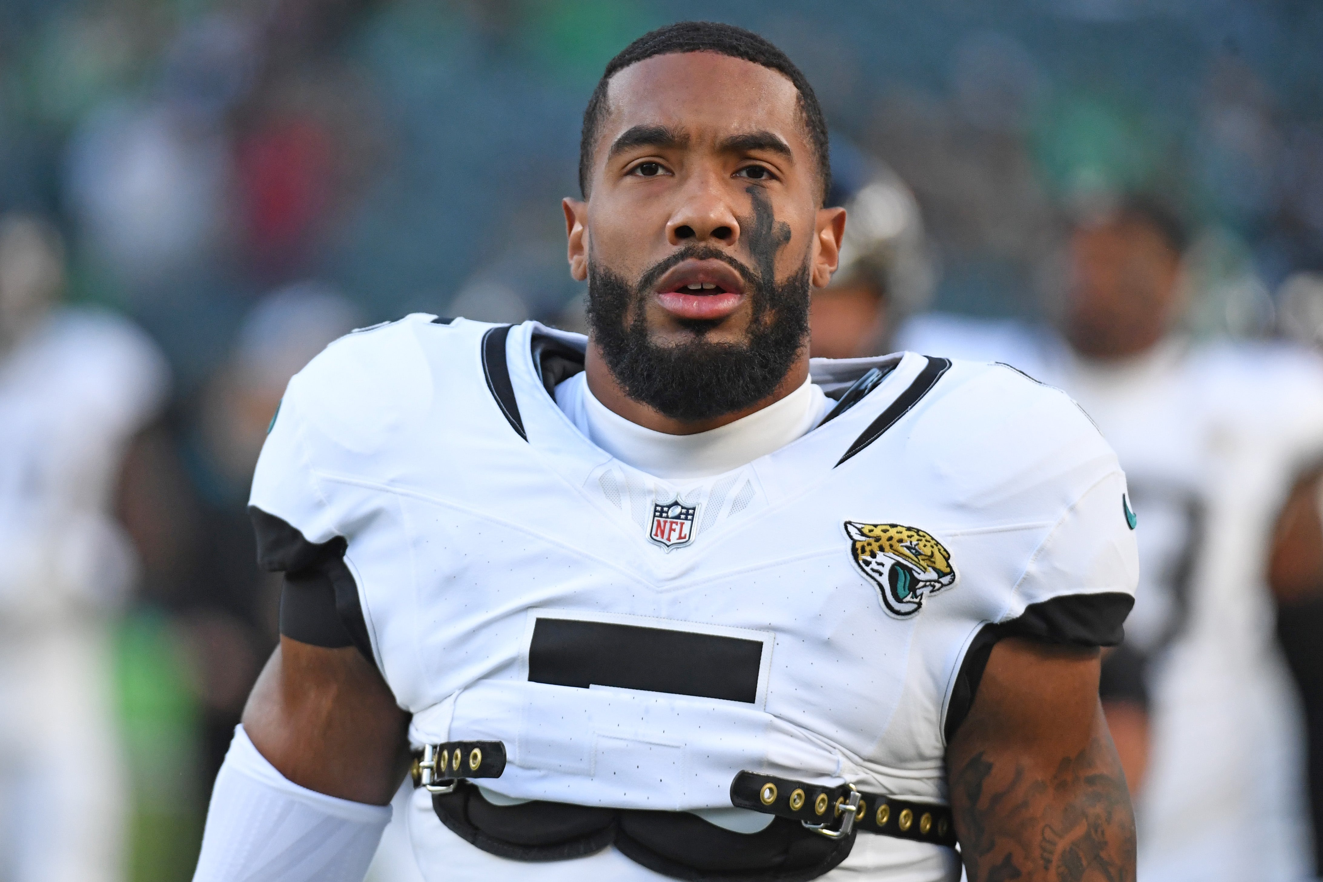 Nov 3, 2024; Philadelphia, Pennsylvania, USA; Jacksonville Jaguars safety Andre Cisco (5) against the Philadelphia Eagles at Lincoln Financial Field.
