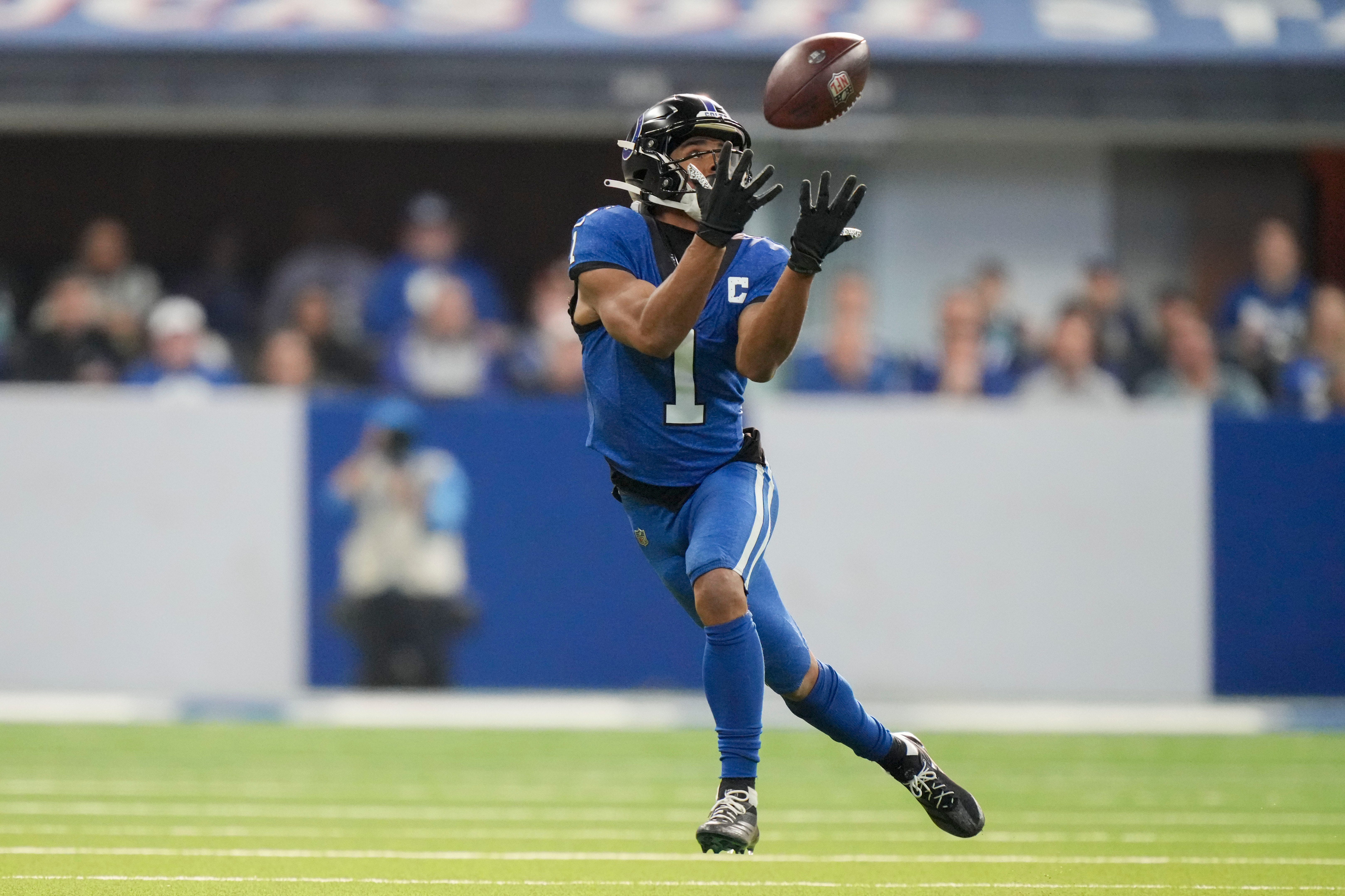 Indianapolis Colts wide receiver Josh Downs (1) catches a pass Sunday, Nov. 24, 2024, during a game against the Detroit Lions at Lucas Oil Stadium in Indianapolis.