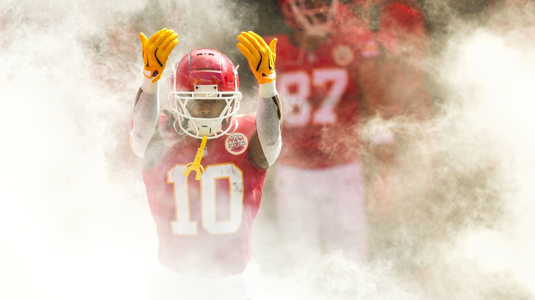Sep 15, 2024; Kansas City, Missouri, USA; Kansas City Chiefs running back Isiah Pacheco (10) takes the field prior to a game against the Cincinnati Bengals at GEHA Field at Arrowhead Stadium.