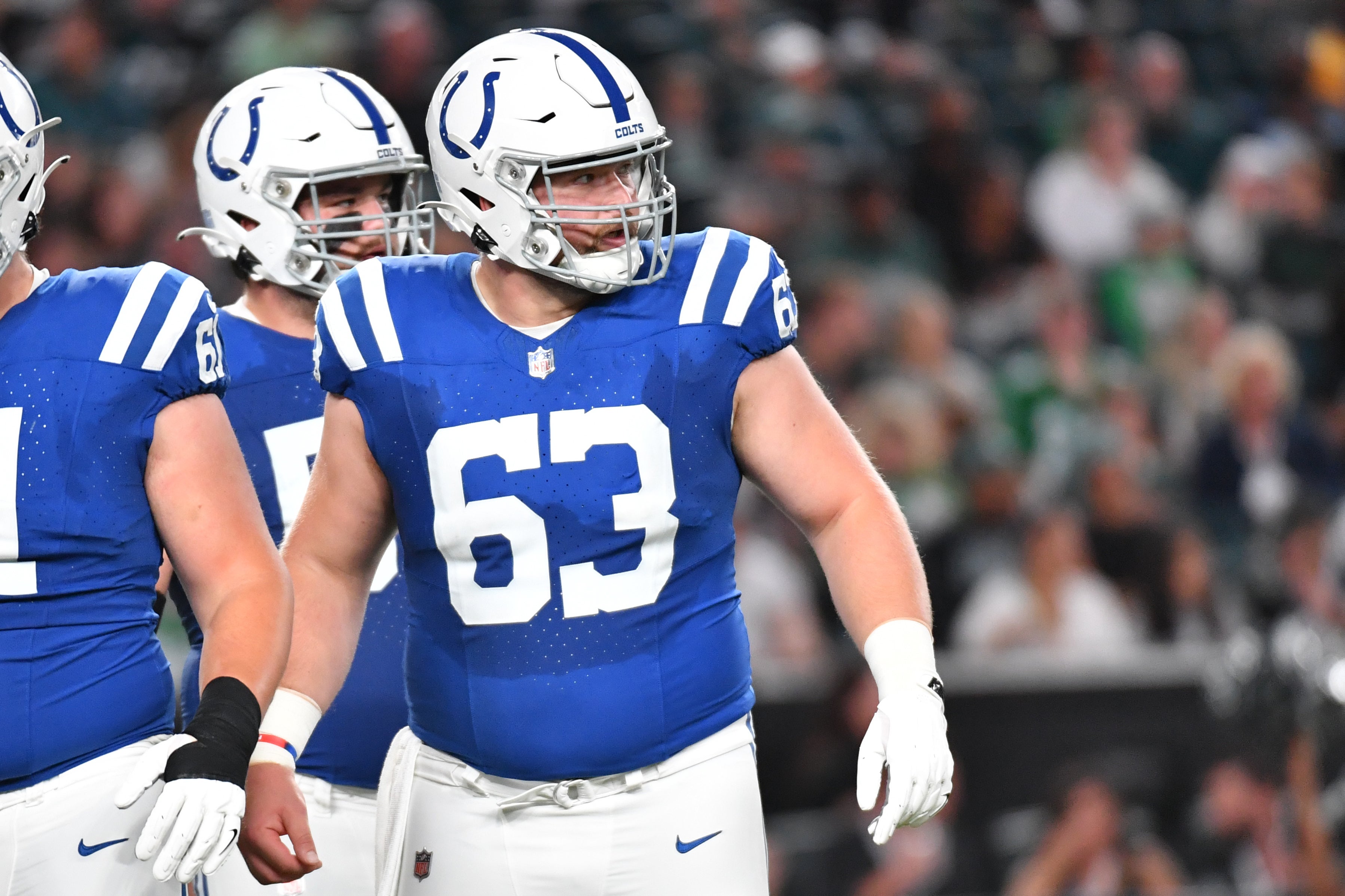 Aug 24, 2023; Philadelphia, Pennsylvania, USA; Indianapolis Colts guard Danny Pinter (63) against the Philadelphia Eagles at Lincoln Financial Field.