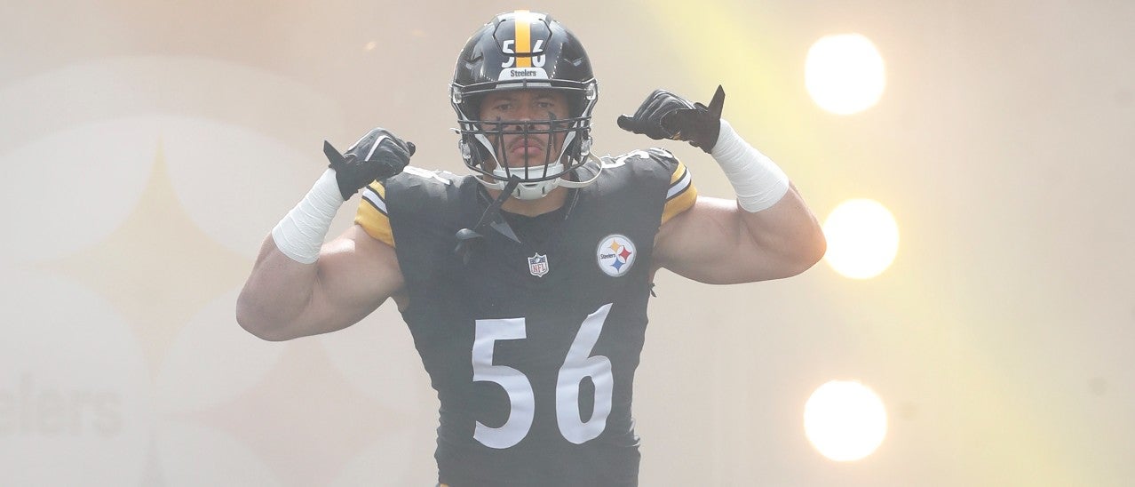 Sep 22, 2024; Pittsburgh, Pennsylvania, USA; Pittsburgh Steelers linebacker Alex Highsmith (56) reacts as he takes the field against the Los Angeles Chargers at Acrisure Stadium.