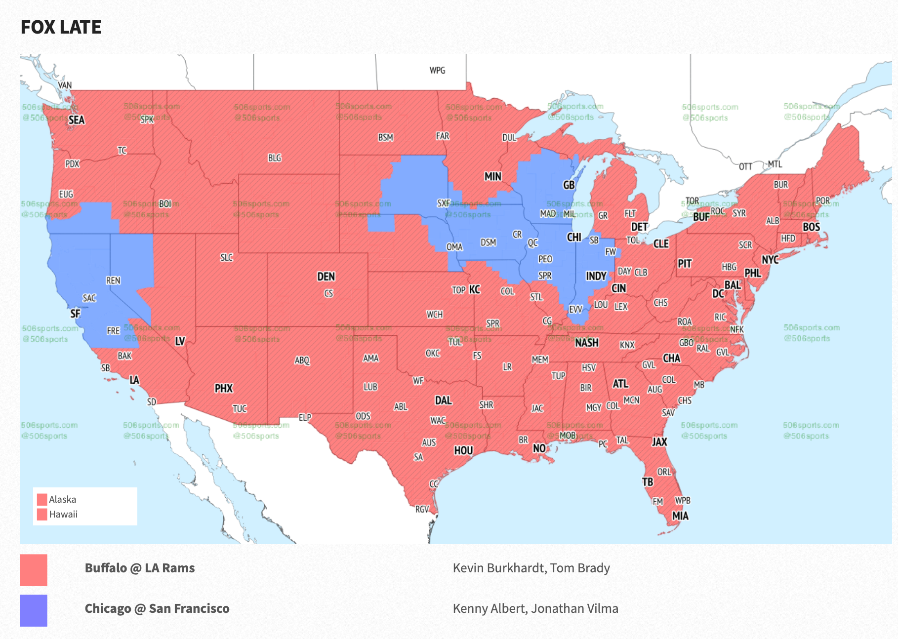 The Fox Week 14 broadcast map for the late games.