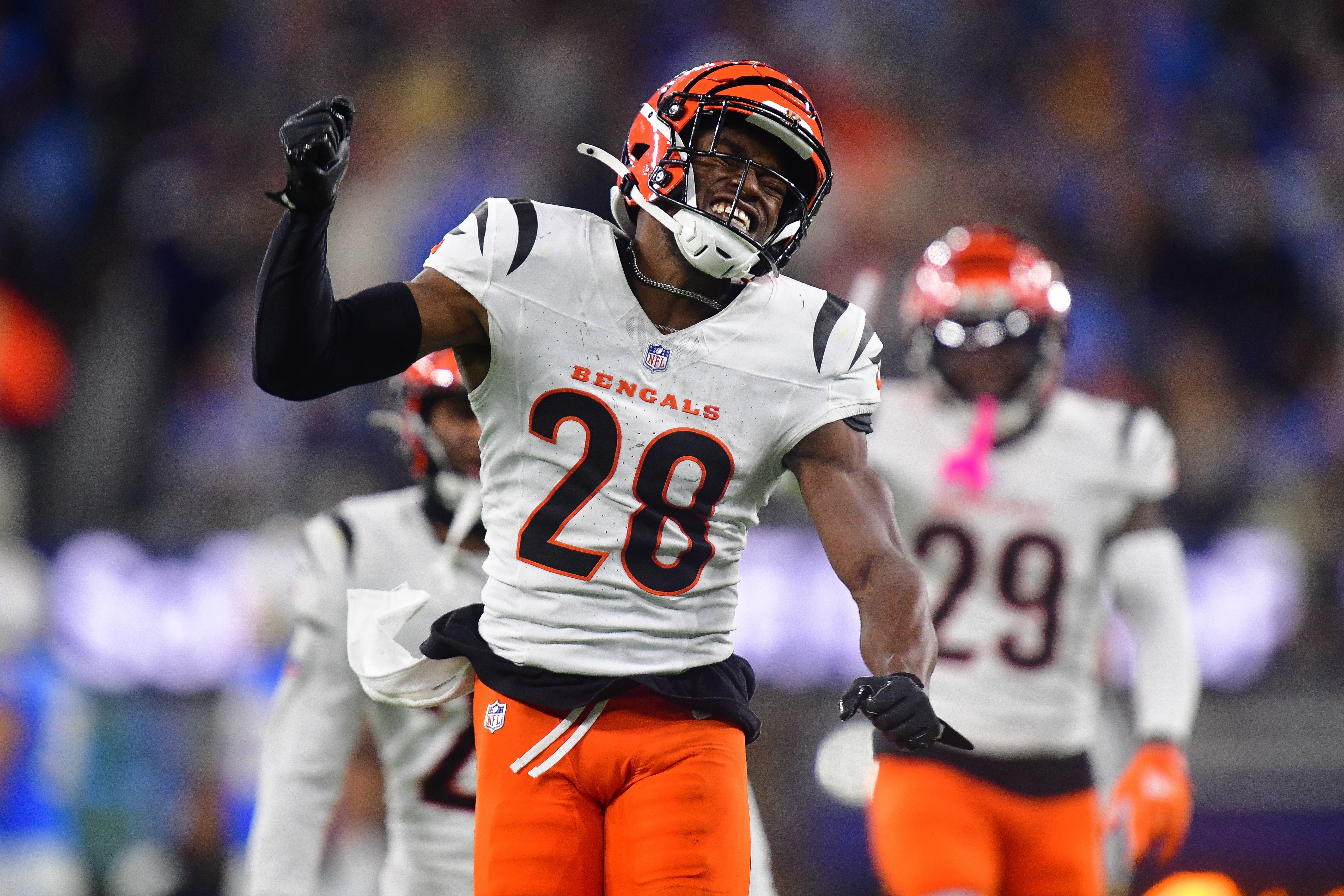 Nov 17, 2024; Inglewood, California, USA; Cincinnati Bengals cornerback Josh Newton (28) reacts after breaking up a pass intended for Los Angeles Chargers wide receiver Joshua Palmer (5) during the second half at SoFi Stadium. Mandatory Credit: Gary A. Vasquez-Imagn Images