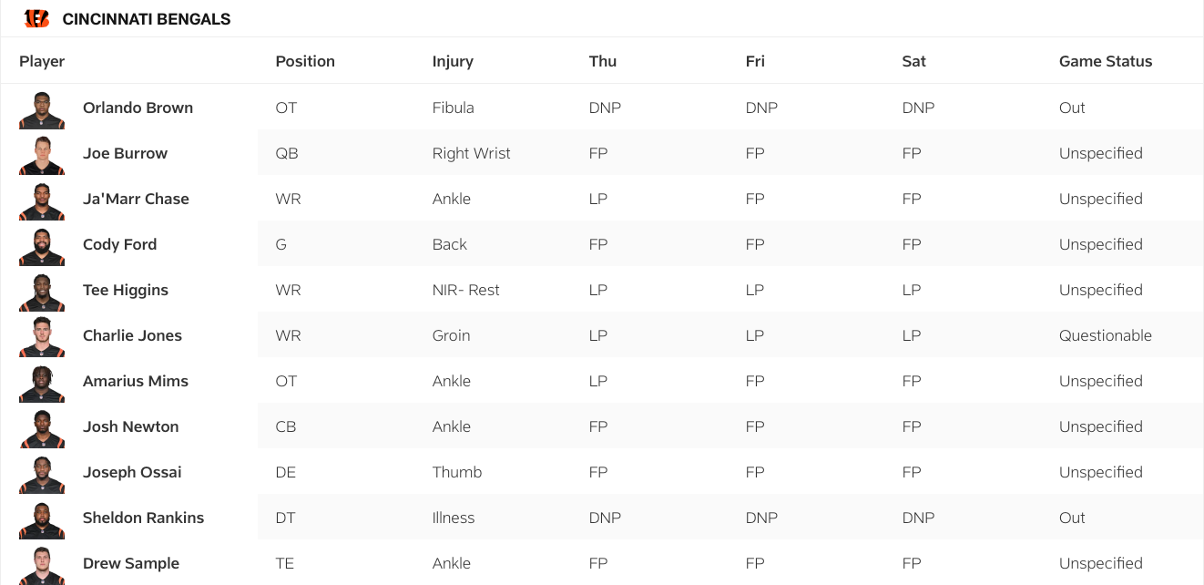 Bengals Final Injury Report
