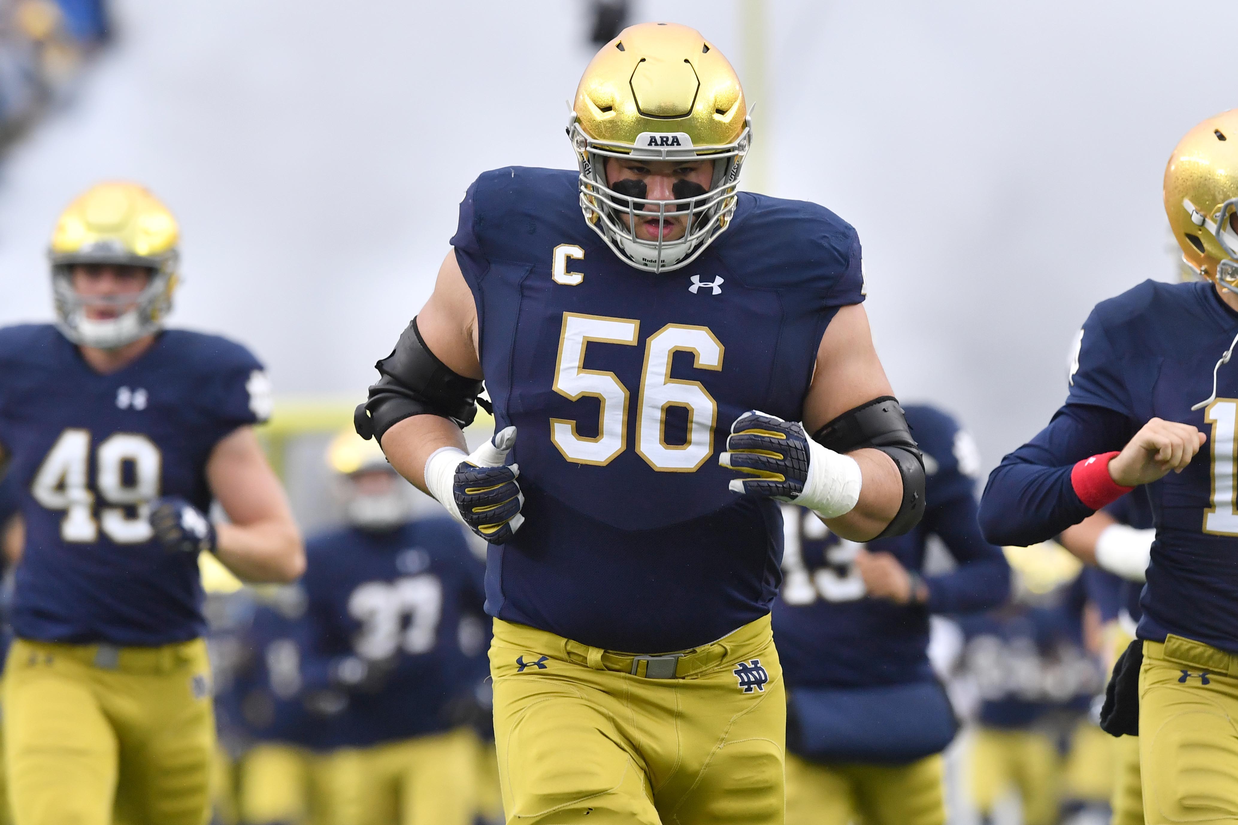 Nov 4, 2017; South Bend, IN, USA; Notre Dame Fighting Irish offensive lineman Quenton Nelson (56) runs onto the field for the game against the Wake Forest Demon Deacons at Notre Dame Stadium.