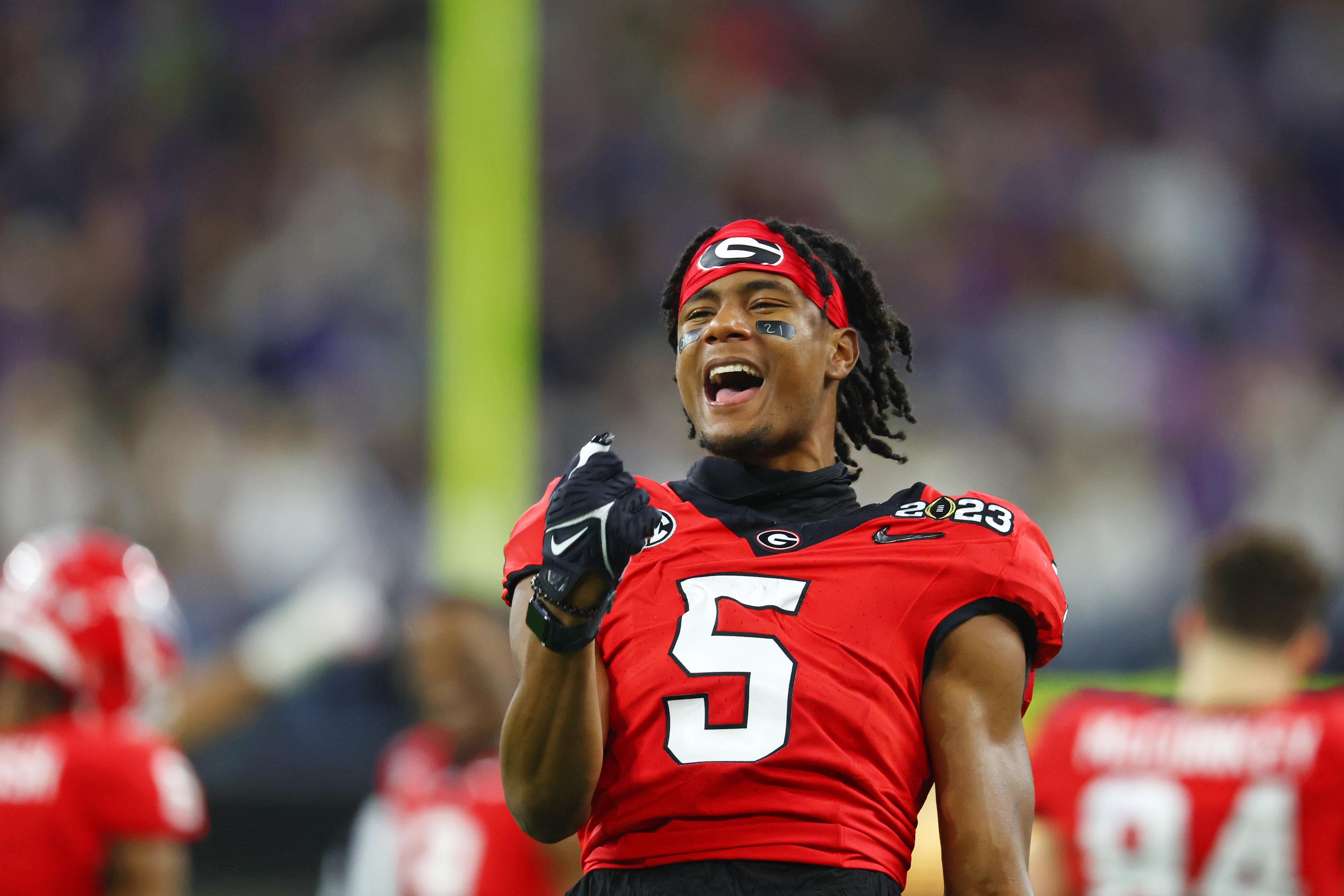 Jan 9, 2023; Inglewood, CA, USA; Georgia Bulldogs wide receiver Adonai Mitchell (5) reacts after a play against the TCU Horned Frogs during the third quarter of the CFP national championship game at SoFi Stadium.