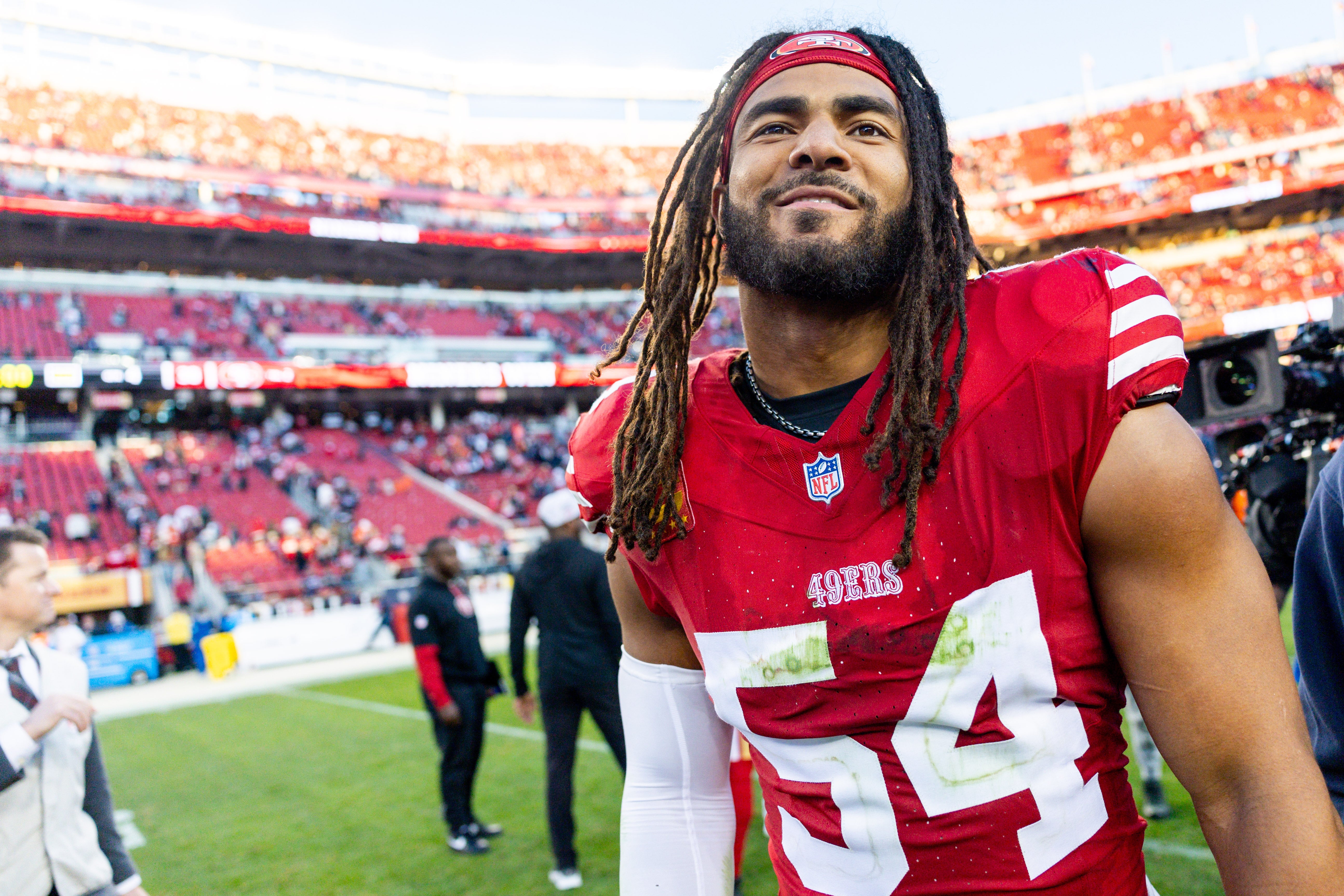 San Francisco 49ers linebacker Fred Warner (54) looks on after the game against the Chicago Bears at Levi's Stadium.