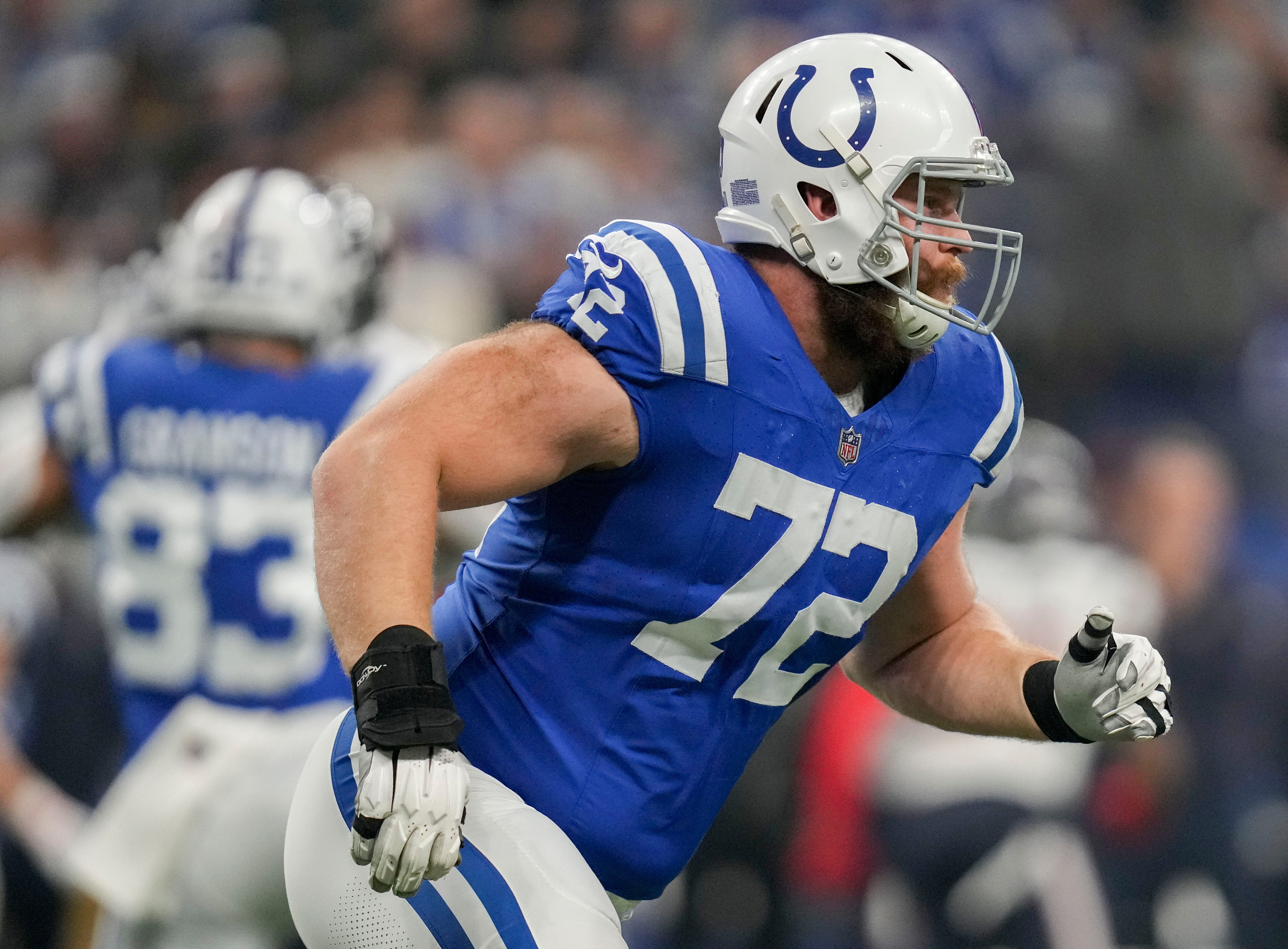 Indianapolis Colts offensive tackle Braden Smith (72) moves on the field Saturday, Jan. 6, 2024, during a game against the Houston Texans at Lucas Oil Stadium in Indianapolis.