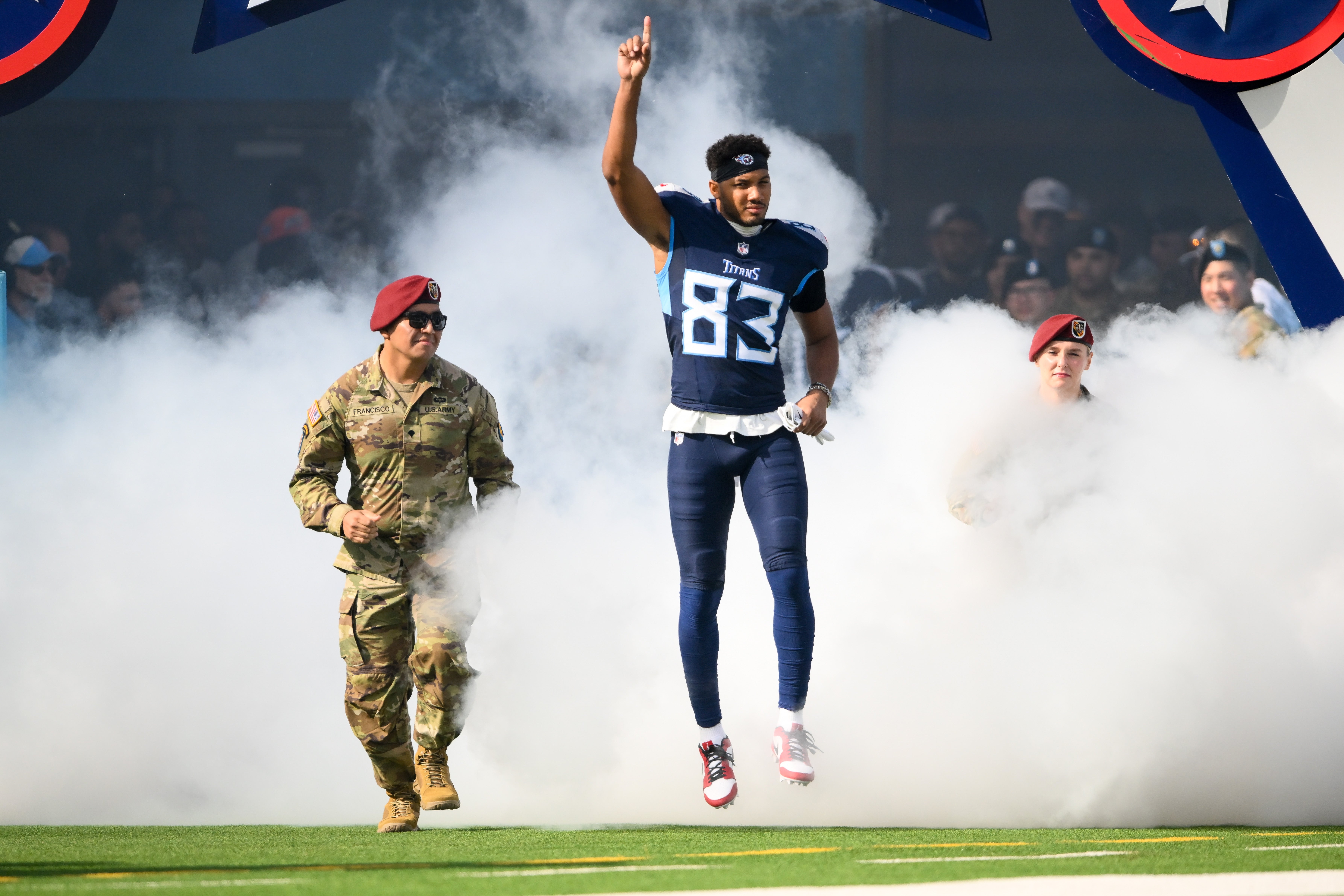 Nov 17, 2024; Nashville, Tennessee, USA; Tennessee Titans wide receiver Tyler Boyd (83) takes the field against the Minnesota Vikings during the first half at Nissan Stadium. Mandatory Credit: Steve Roberts-Imagn Images