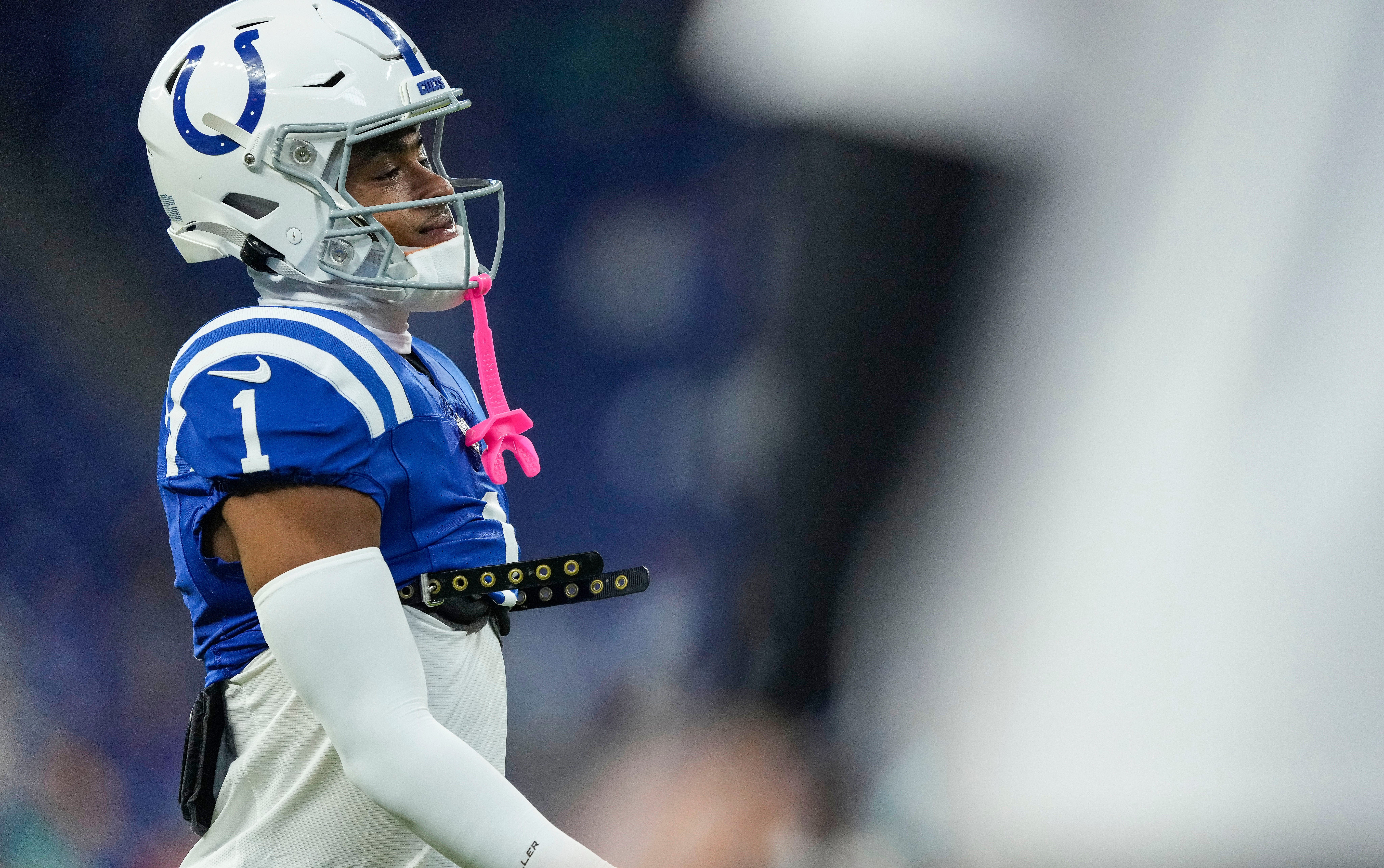 Indianapolis Colts wide receiver Josh Downs (1) walks along the field Sunday, Oct. 20, 2024, ahead of the game against the Miami Dolphins at Lucas Oil Stadium in Indianapolis.