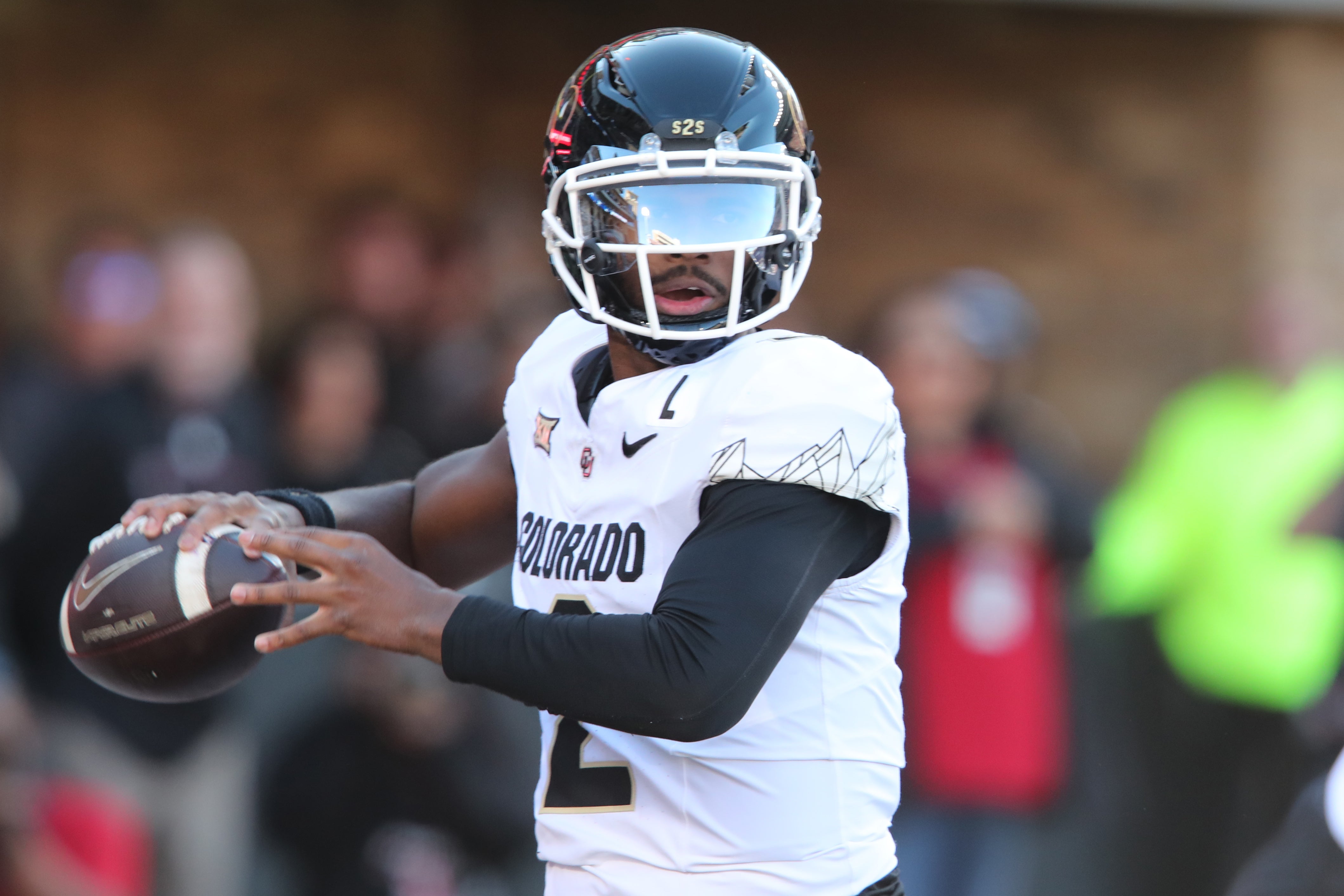 Nov 9, 2024; Lubbock, Texas, USA; Colorado Buffalos quarterback Shedeur Sanders (2) passes against the Texas Tech Red Raiders in the first half at Jones AT&T Stadium and Cody Campbell Field. 