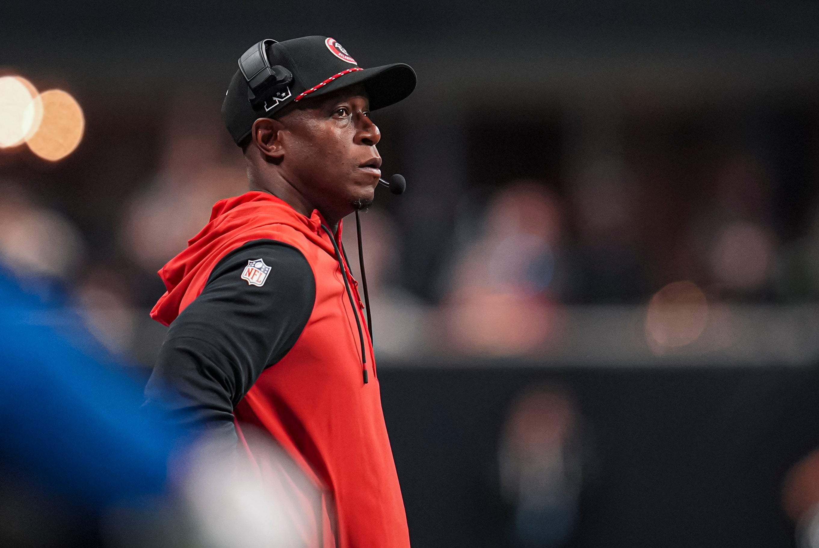 Dec 1, 2024; Atlanta, Georgia, USA; Atlanta Falcons head coach Raheem Morris reacts on the sidelines during the game against the Los Angeles Chargers during the second half at Mercedes-Benz Stadium.