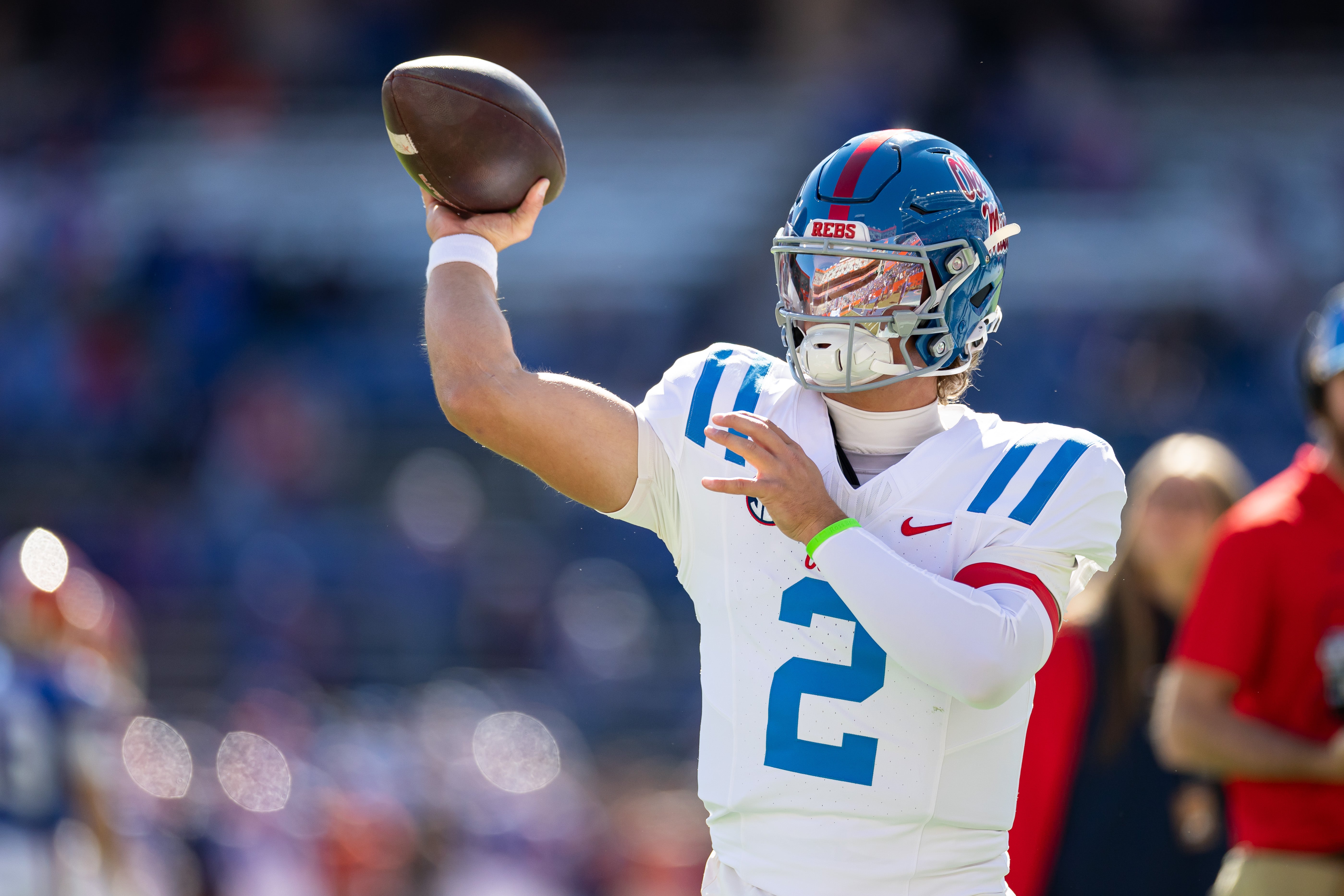 Nov 23, 2024; Gainesville, Florida, USA; Mississippi Rebels quarterback Jaxson Dart (2) warms up before a game against the Florida Gators at Ben Hill Griffin Stadium.