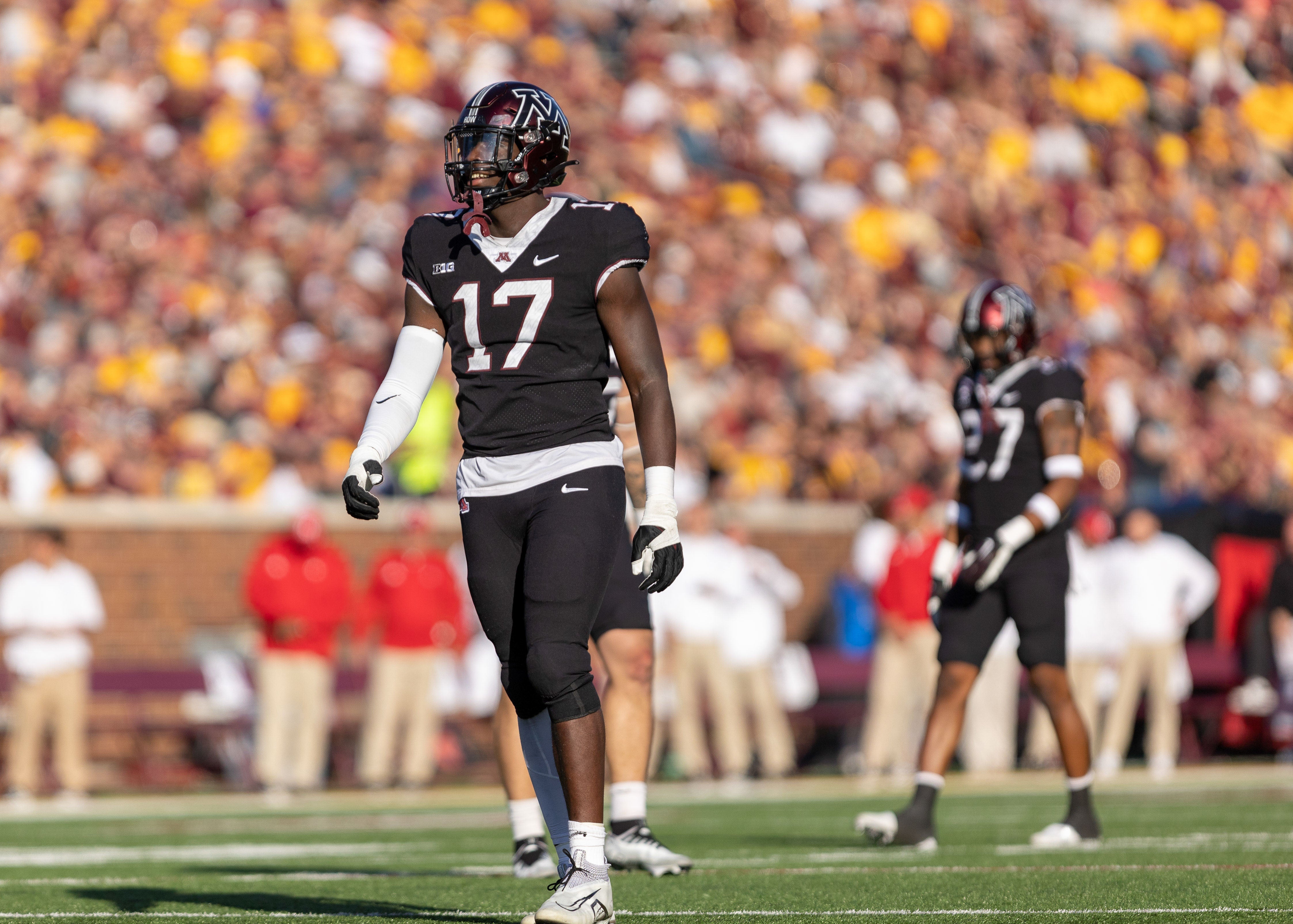 Oct 29, 2022; Minneapolis, Minnesota, USA; Minnesota Golden Gophers defensive lineman Jah Joyner (17) in action against the Rutgers Scarlet Knights in the fourth quarter at Huntington Bank Stadium.