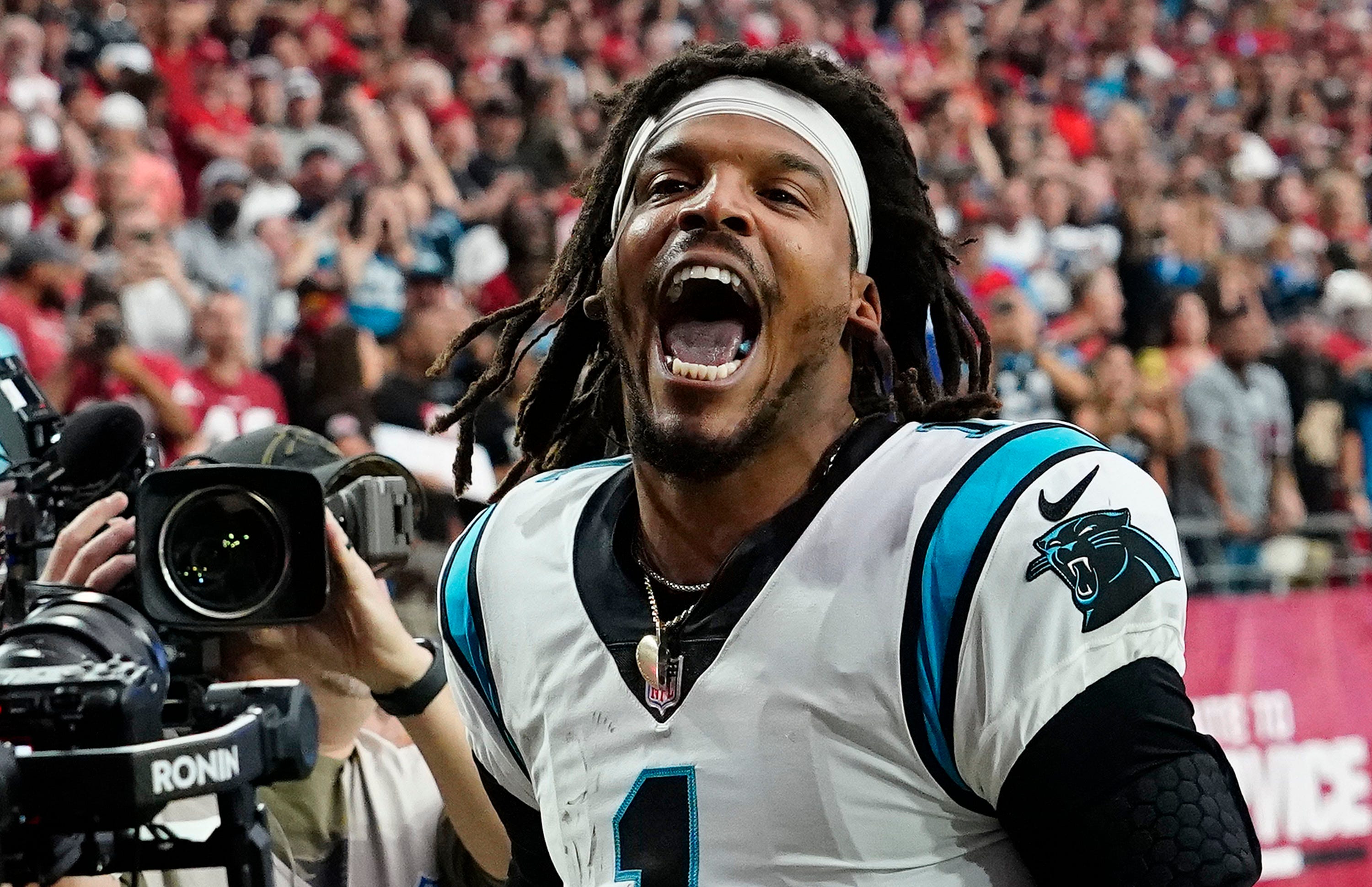 Carolina Panthers quarterback Cam Newton yells \