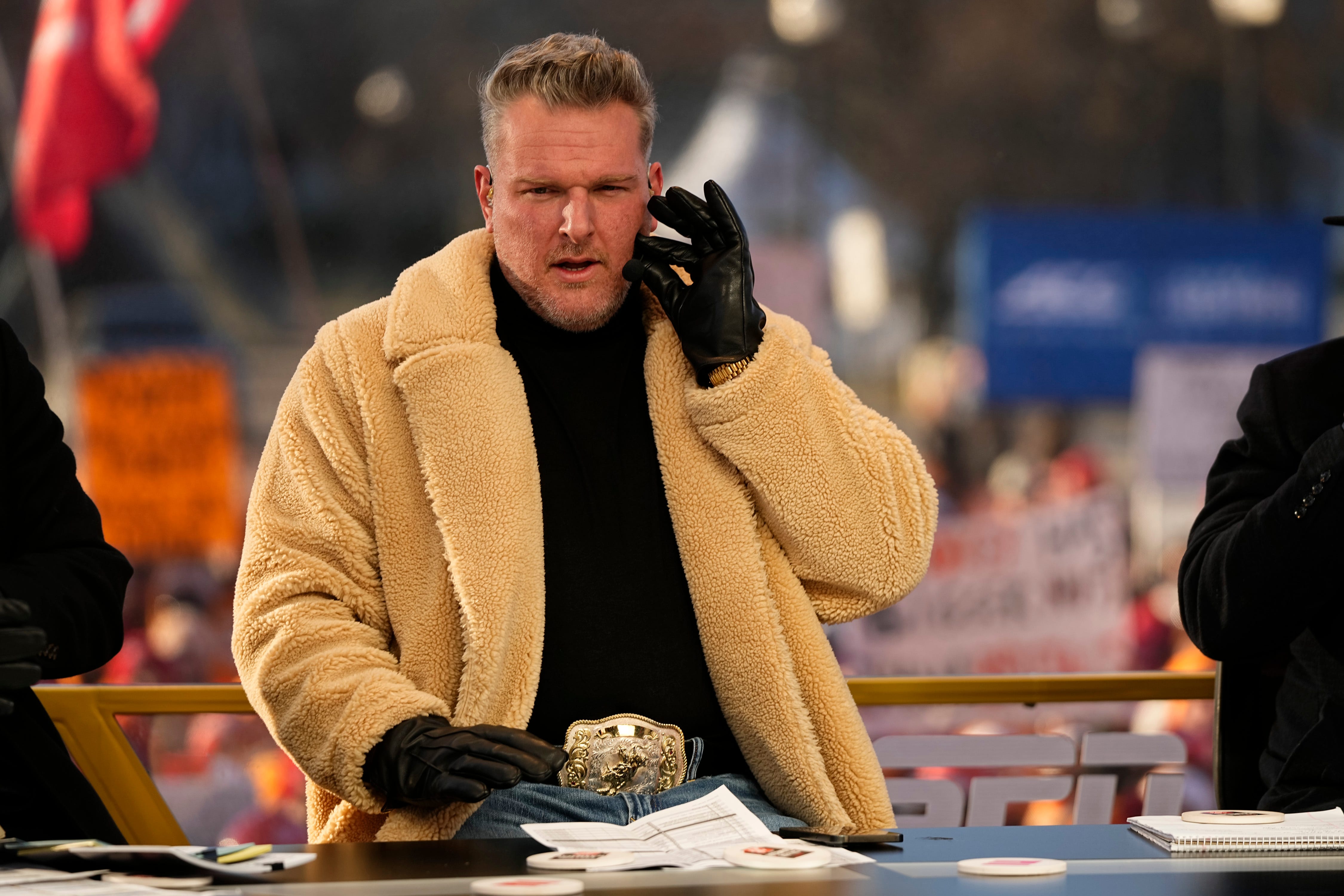 Pat McAfee talks on the set of ESPN College GameDay prior to the College Football Playoff first-round game between the Ohio State Buckeyes and Tennessee Volunteers in Columbus on Dec. 21, 2024.