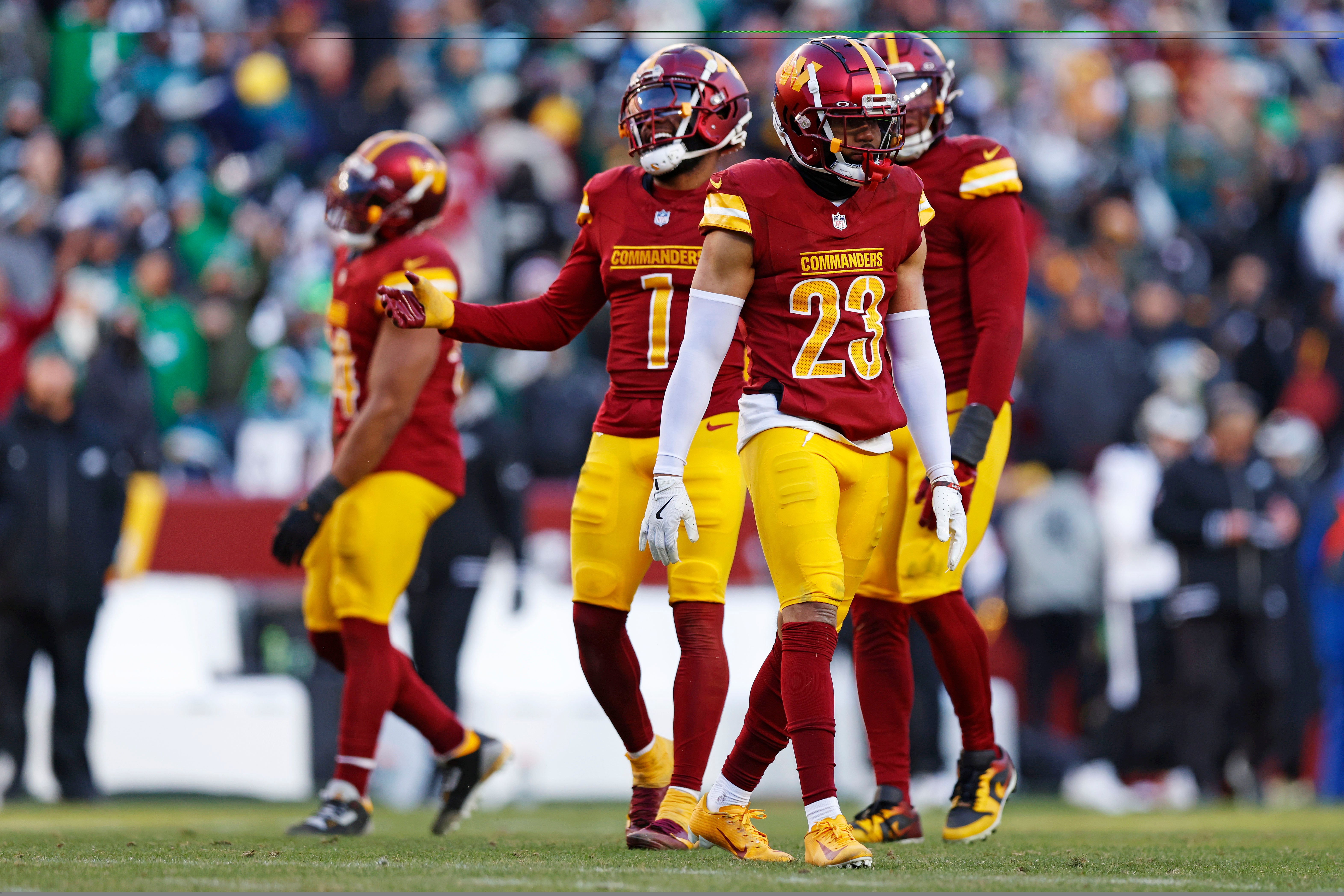 Dec 22, 2024; Landover, Maryland, USA; Washington Commanders cornerback Marshon Lattimore (23) reacts after a penalty during the third quarter against the Philadelphia Eagles at Northwest Stadium.