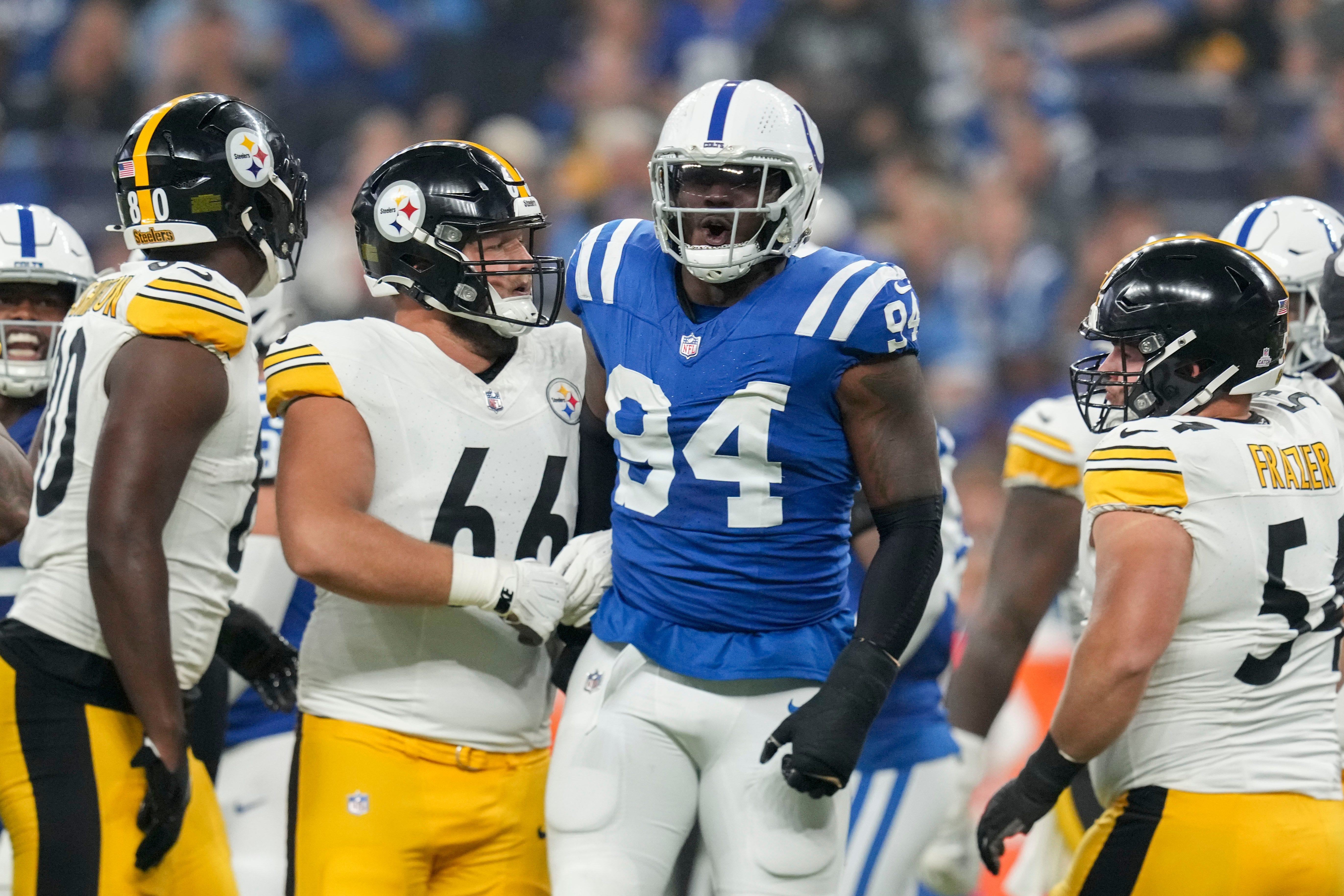Indianapolis Colts defensive end Tyquan Lewis (94) celebrates after a play Sunday, Sept. 29, 2024, during a game against the Pittsburgh Steelers at Lucas Oil Stadium in Indianapolis.
