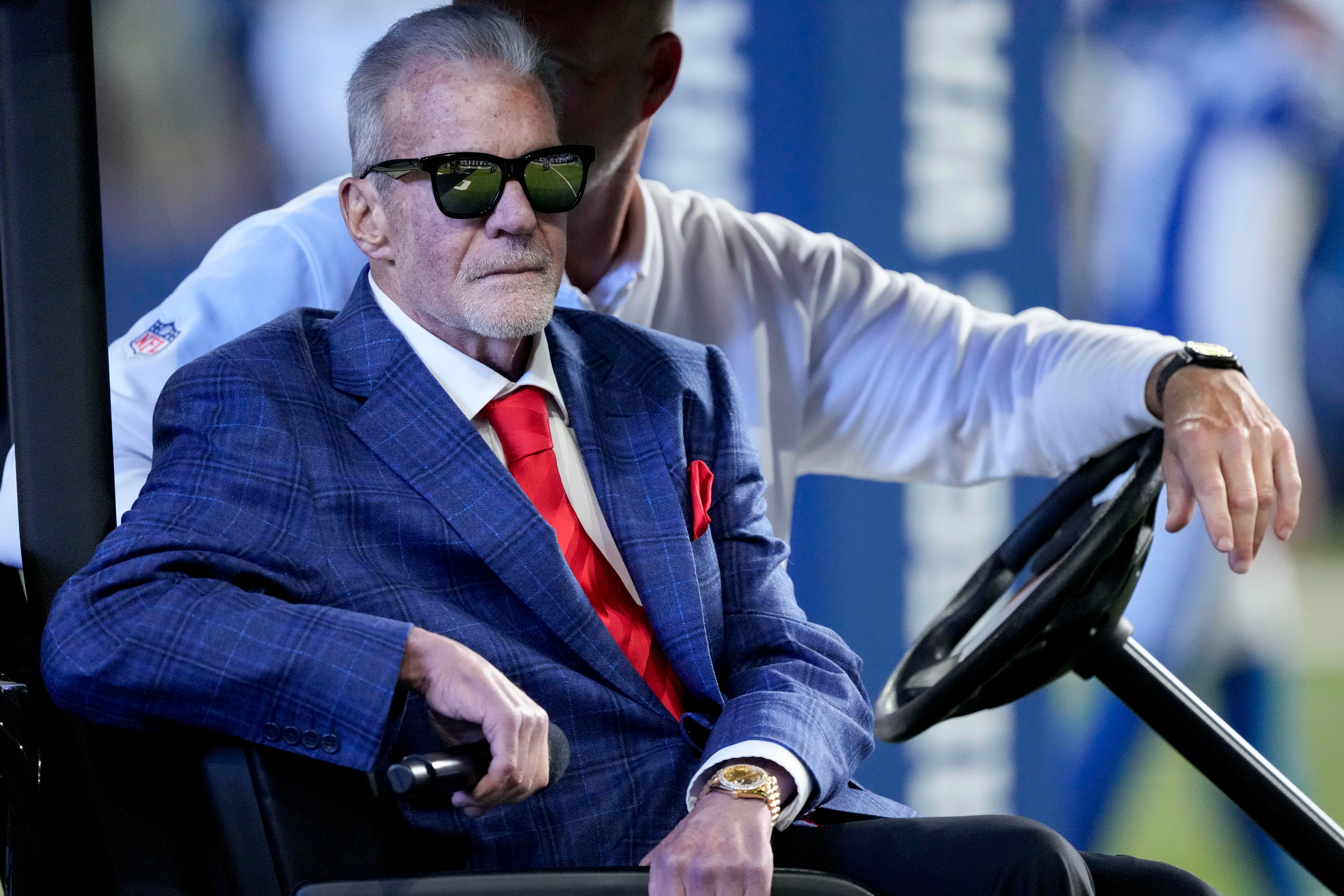 Oct 20, 2024; Indianapolis, Indiana, USA; Indianapolis Colts owner Jim Irsay sits in a golf cart during a Ring of Honor ceremony for Dallas Clark during a game against the Miami Dolphins at Lucas Oil Stadium.