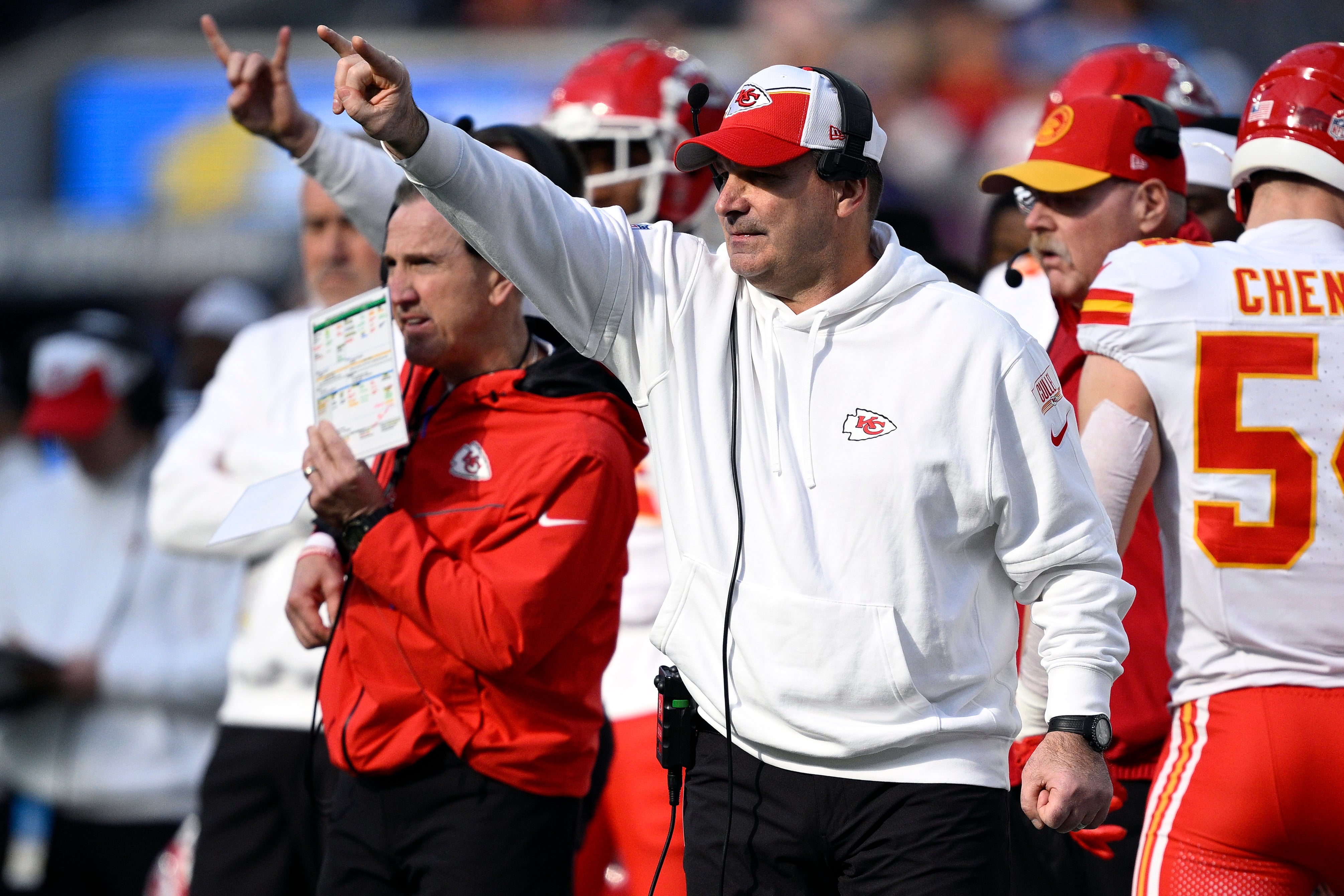 Jan 7, 2024; Inglewood, California, USA; Kansas City Chiefs defensive line coach Joe Cullen gestures during the first half against the Los Angeles Chargers at SoFi Stadium.