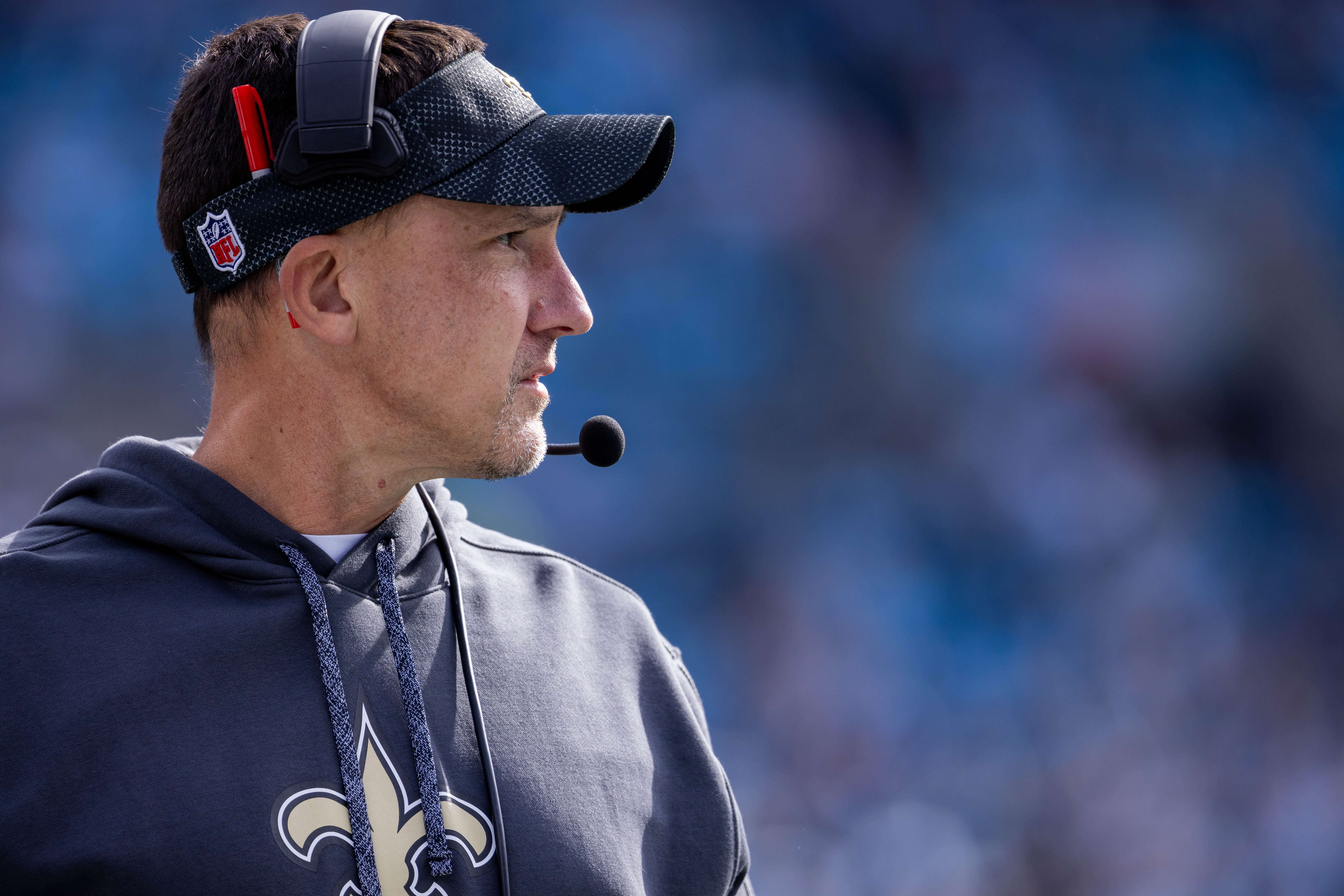 Nov 3, 2024; Charlotte, North Carolina, USA; New Orleans Saints head coach Dennis Allen during the first quarter against the Carolina Panthers at Bank of America Stadium.