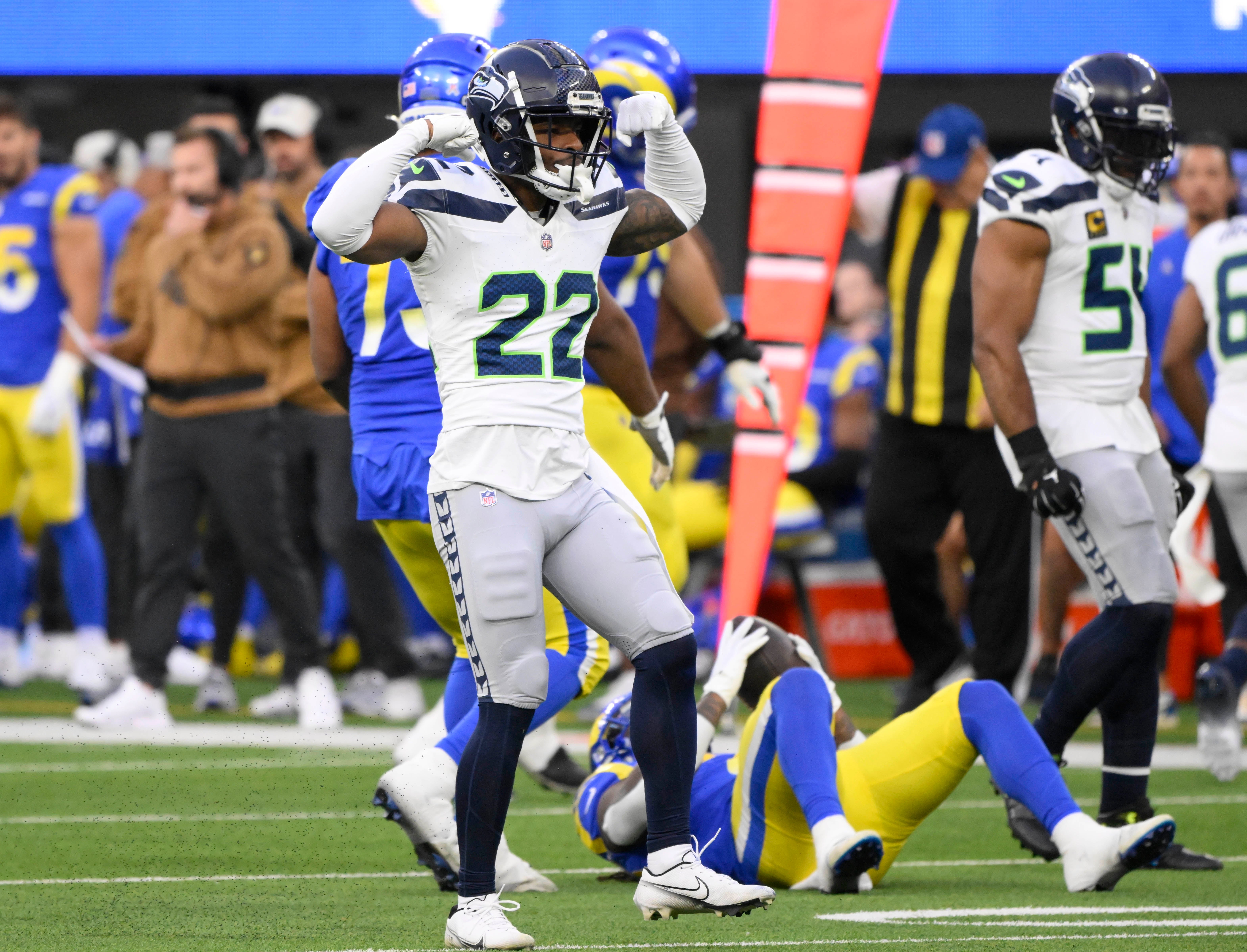 Nov 19, 2023; Inglewood, California, USA; Seattle Seahawks cornerback Tre Brown (22) reacts in the third quarter against the Los Angeles Rams at SoFi Stadium.