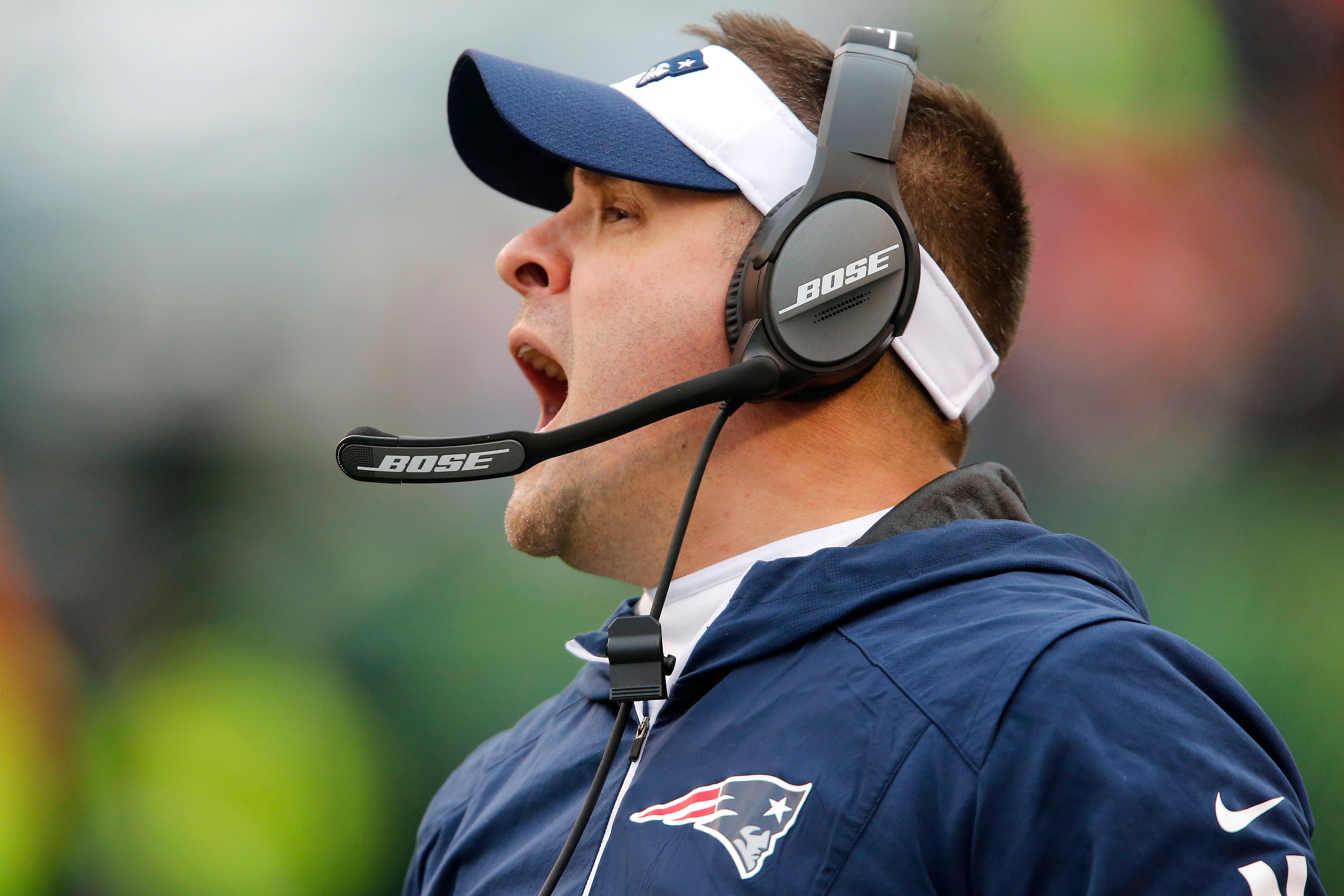 Dec 15, 2019; Cincinnati, OH, USA; New England Patriots offensive coordinator Josh McDaniels during the third quarter against the Cincinnati Bengals Stadium.