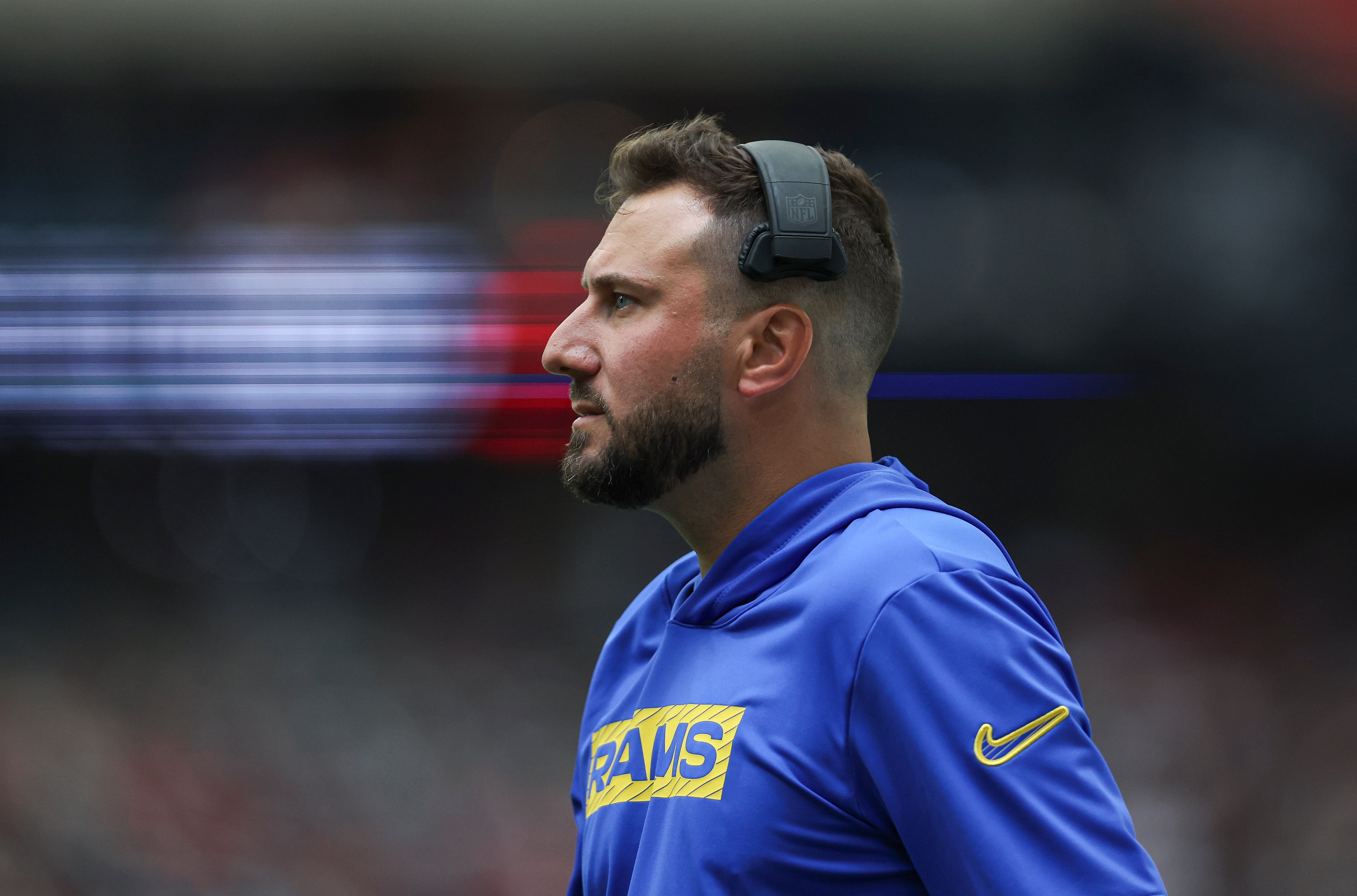 Aug 24, 2024; Houston, Texas, USA; Los Angeles Rams tight ends coach Nick Caley on the sideline during the game against the Houston Texans at NRG Stadium.