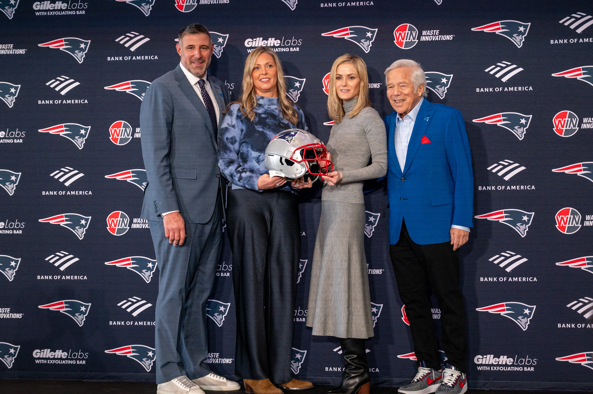 New England Patriots head coach Mike Vrabel, his wife Jen Vrabel, owner Robert Kraft, and his wife Dr. Dana Blumberg at Introductory Press Conference