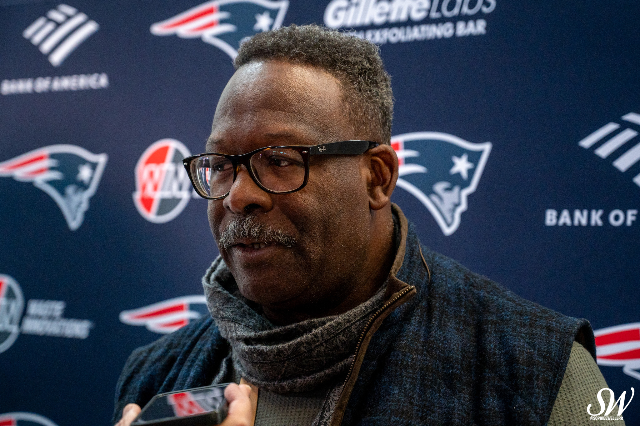 Former linebacker Andre Tippett at New England Patriots head coach Mike Vrabel's Introductory Press Conference at Gillette Stadium 