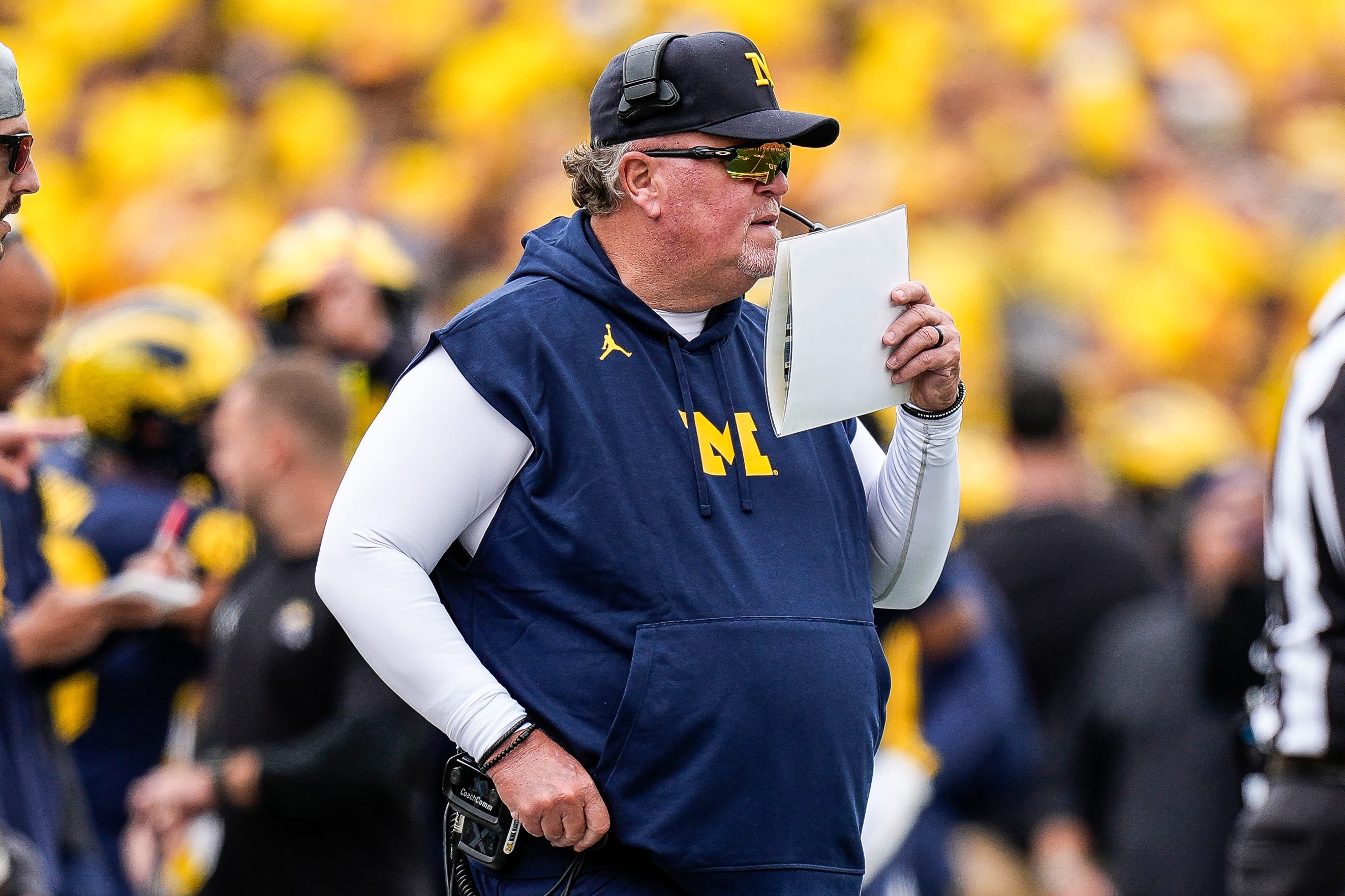 Sep 7, 2024; Ann Arbor, Michigan, USA; Michigan defensive coordinator Wink Martindale calls a play against Texas at Michigan Stadium.