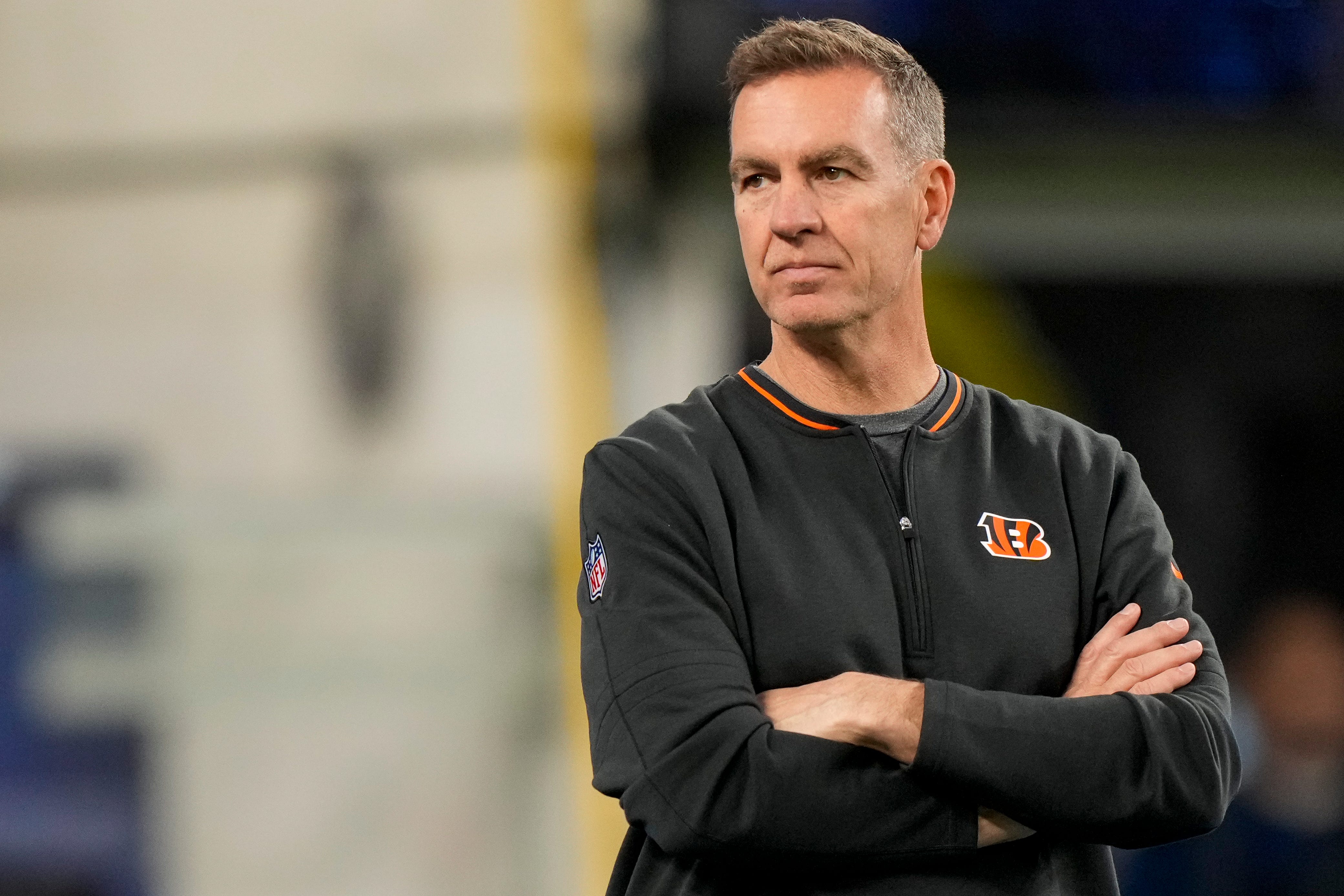 Cincinnati Bengals defensive coordinator Lou Anarumo watches during warmups before the NFL Week 11 game between the Los Angeles Chargers and the Cincinnati Bengals at SoFi Stadium in Inglewood, Calif., on Sunday, Nov. 17, 2024.