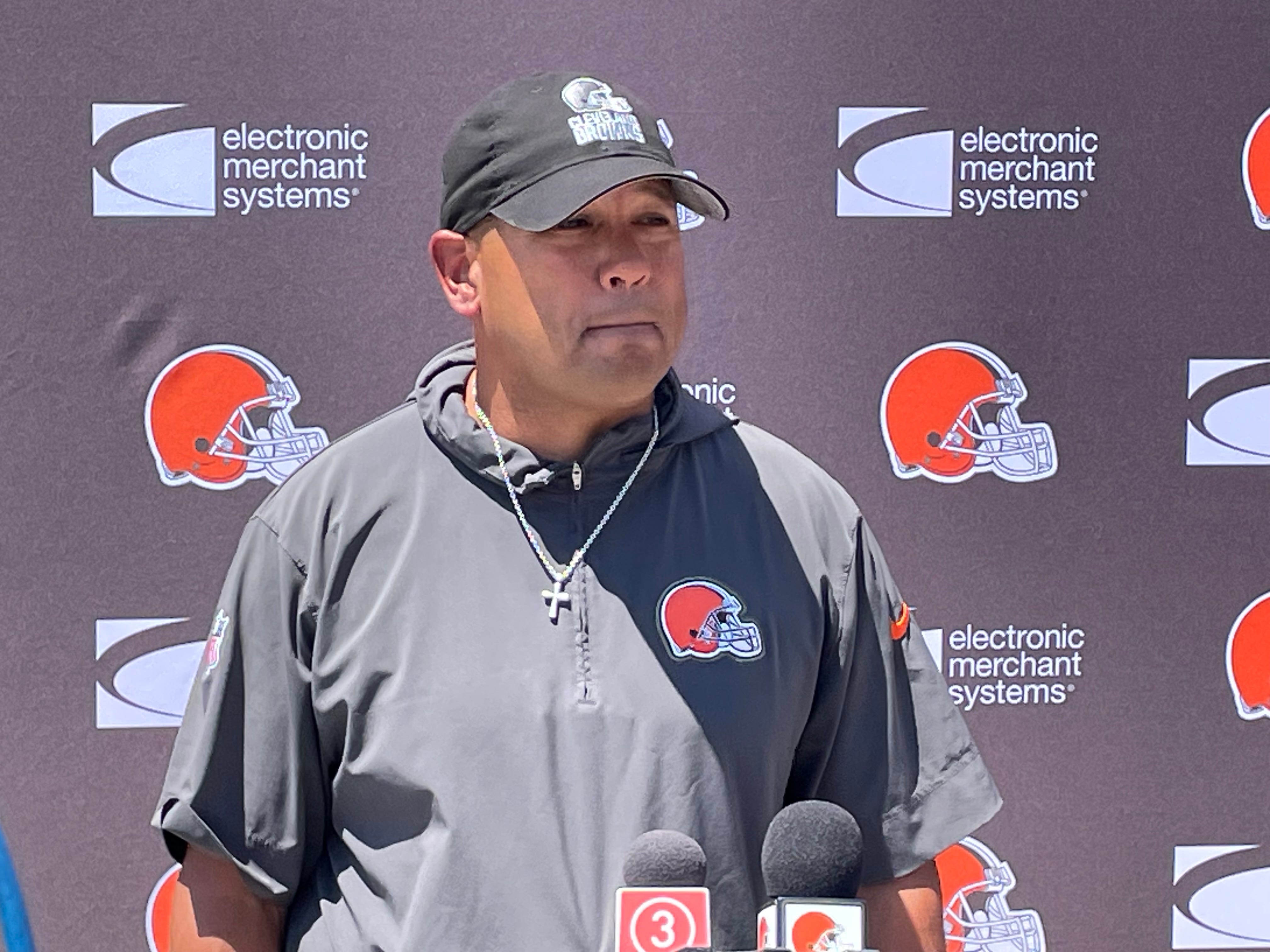 Cleveland Browns safeties coach Ephraim Banda addresses media June 13 during mandatory minicamp at team headquarters in Berea, Ohio.