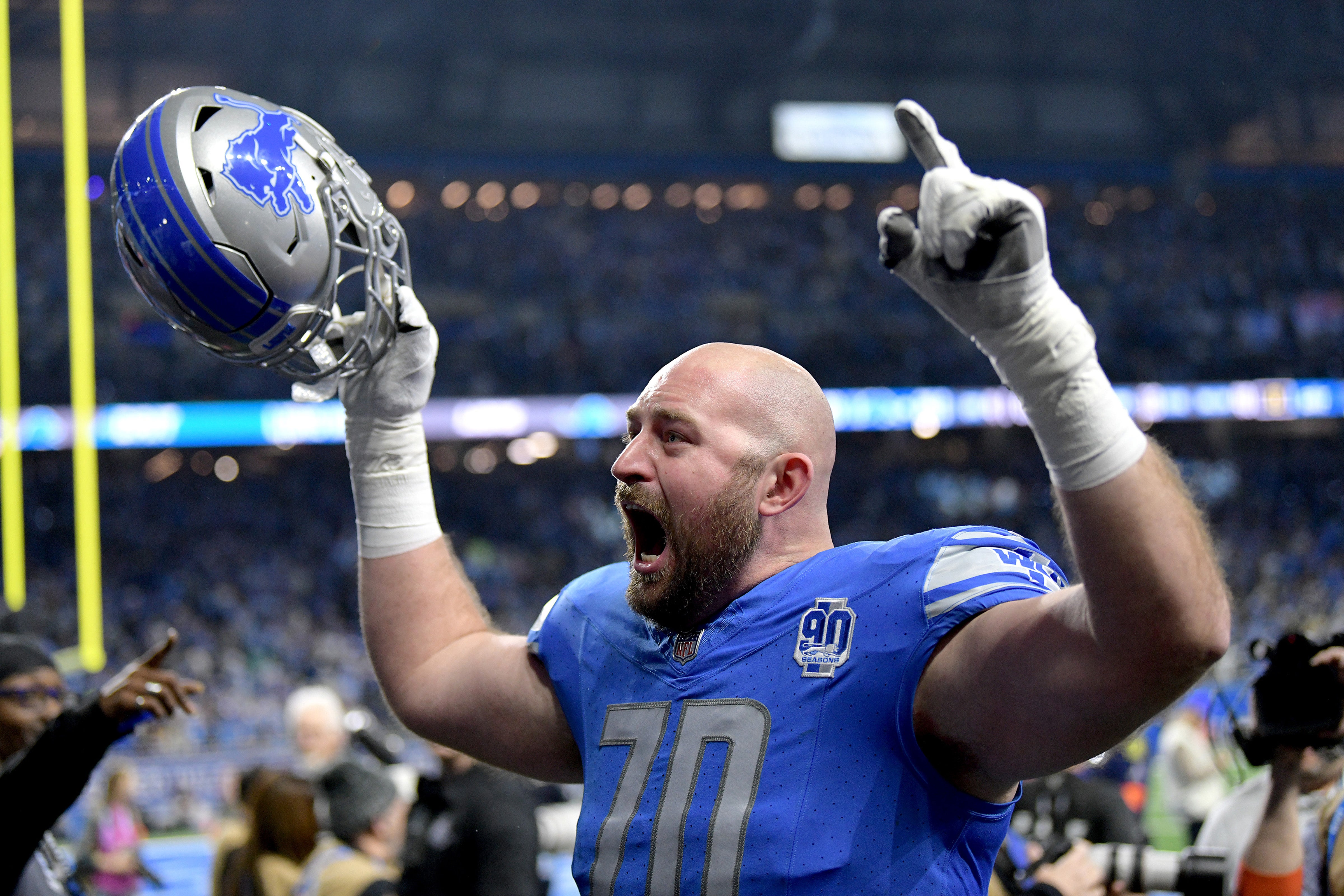 Jan 14, 2024; Detroit, Michigan, USA; Detroit Lions offensive tackle Dan Skipper (70) celebrates after a 2024 NFC wild card game against the Los Angeles Rams at Ford Field.