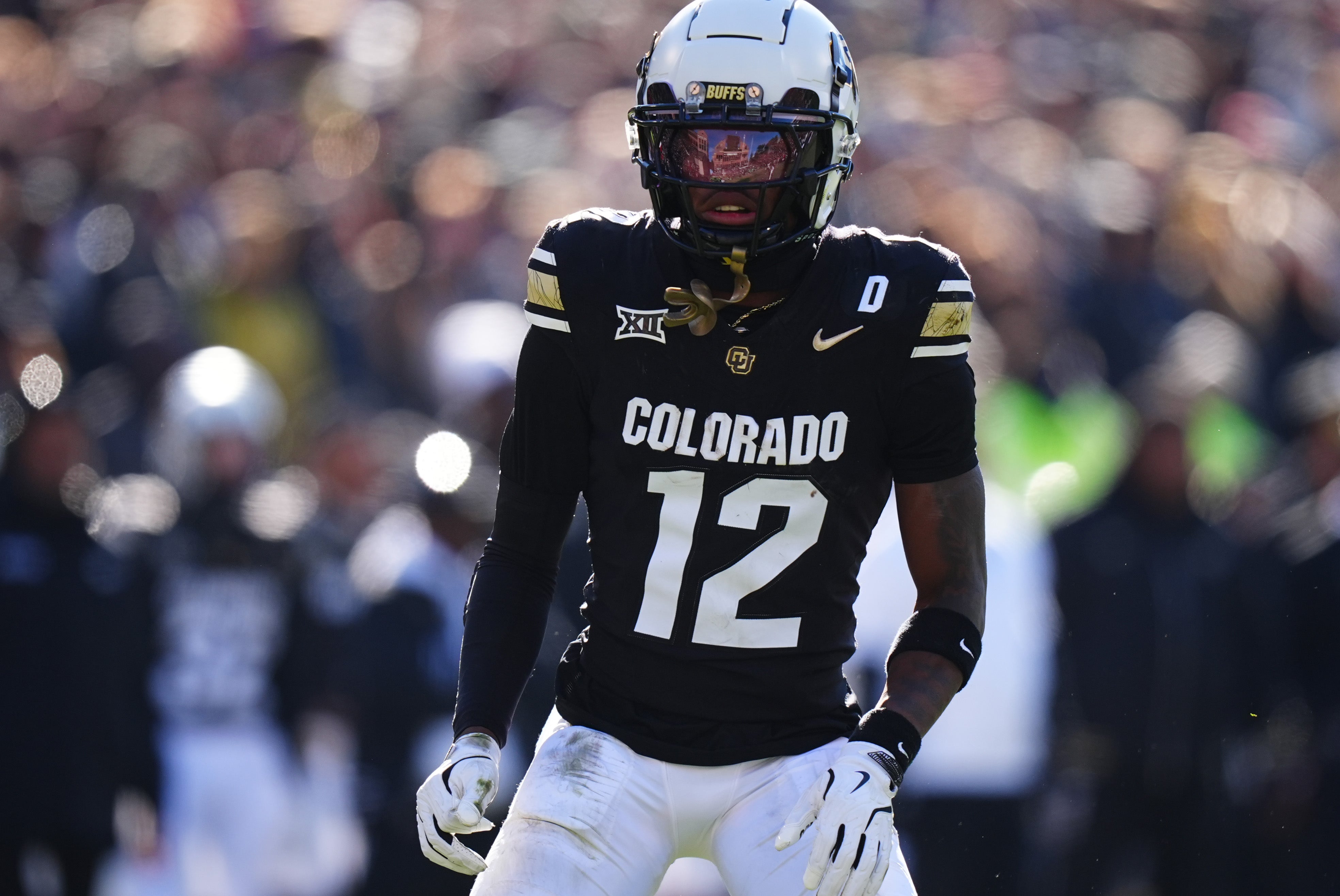 Nov 29, 2024; Boulder, Colorado, USA; Colorado Buffaloes wide receiver Travis Hunter (12) during the first quarter against the Oklahoma State Cowboys at Folsom Field.