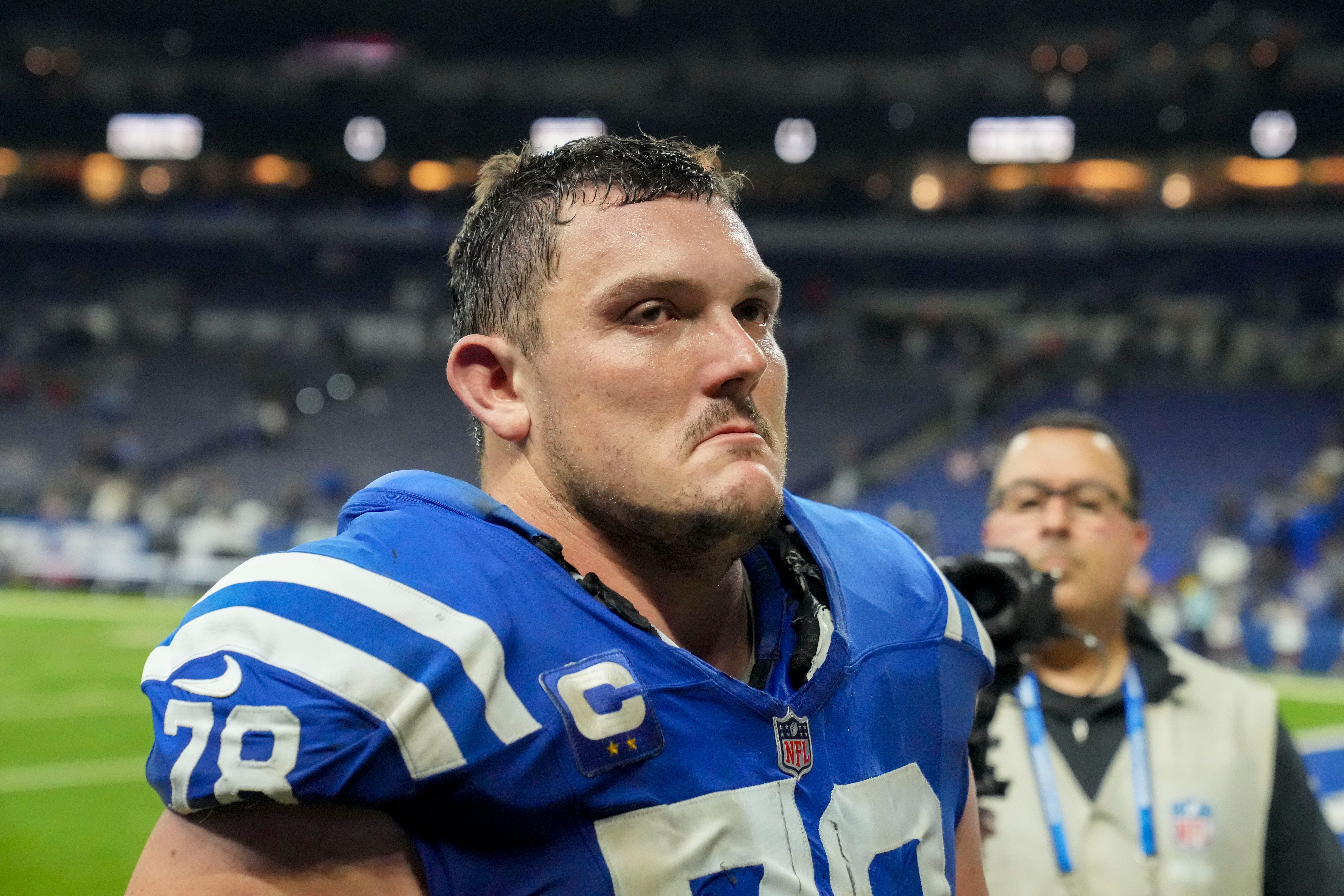Indianapolis Colts center Ryan Kelly (78) leaves the field Sunday, Jan. 5, 2025, after defeating the Jacksonville Jaguars 26-23 in overtime at Lucas Oil Stadium in Indianapolis.