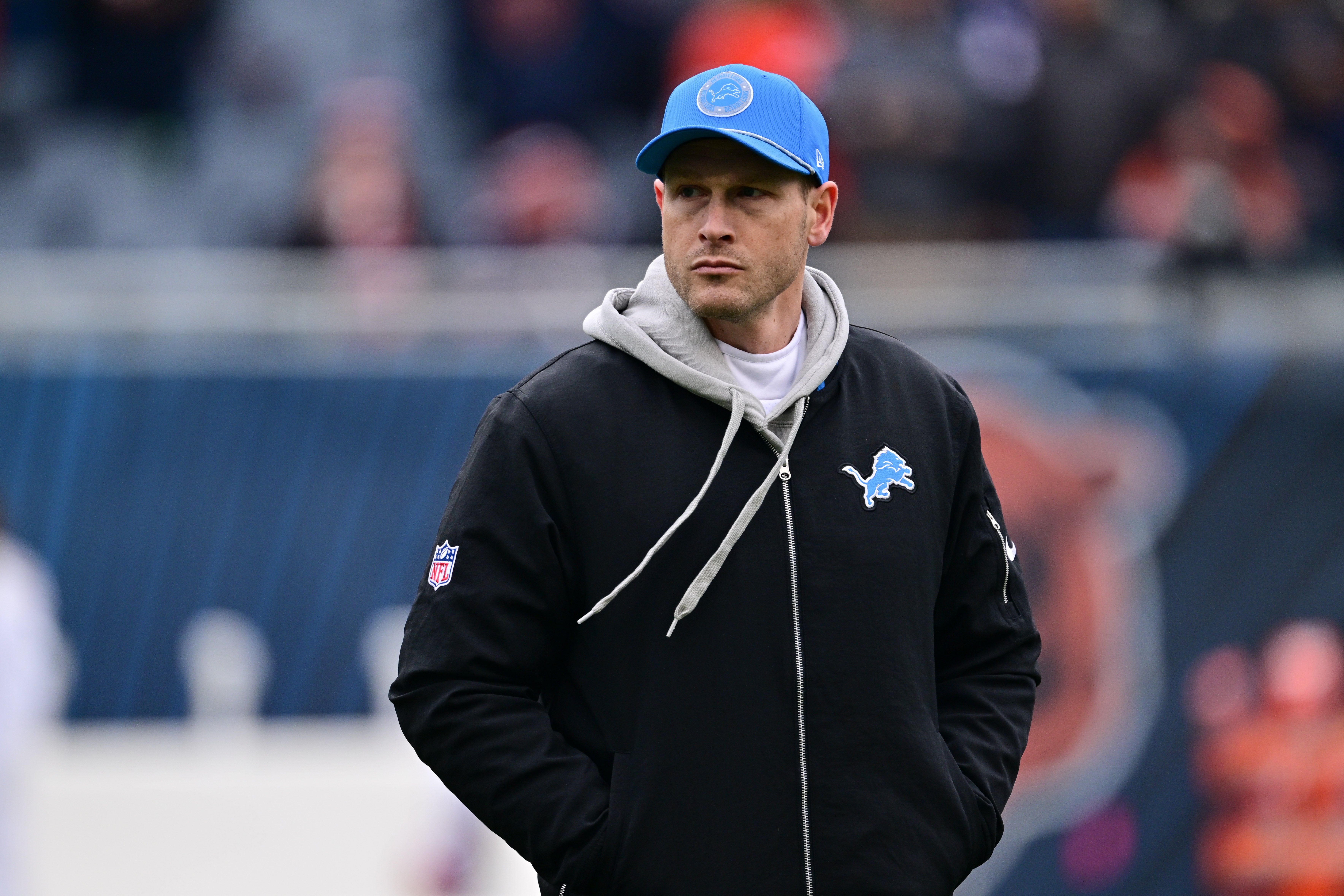 Dec 22, 2024; Chicago, Illinois, USA; Detroit Lions offensive coordinator Ben Johnson before a game against the Chicago Bears at Soldier Field.