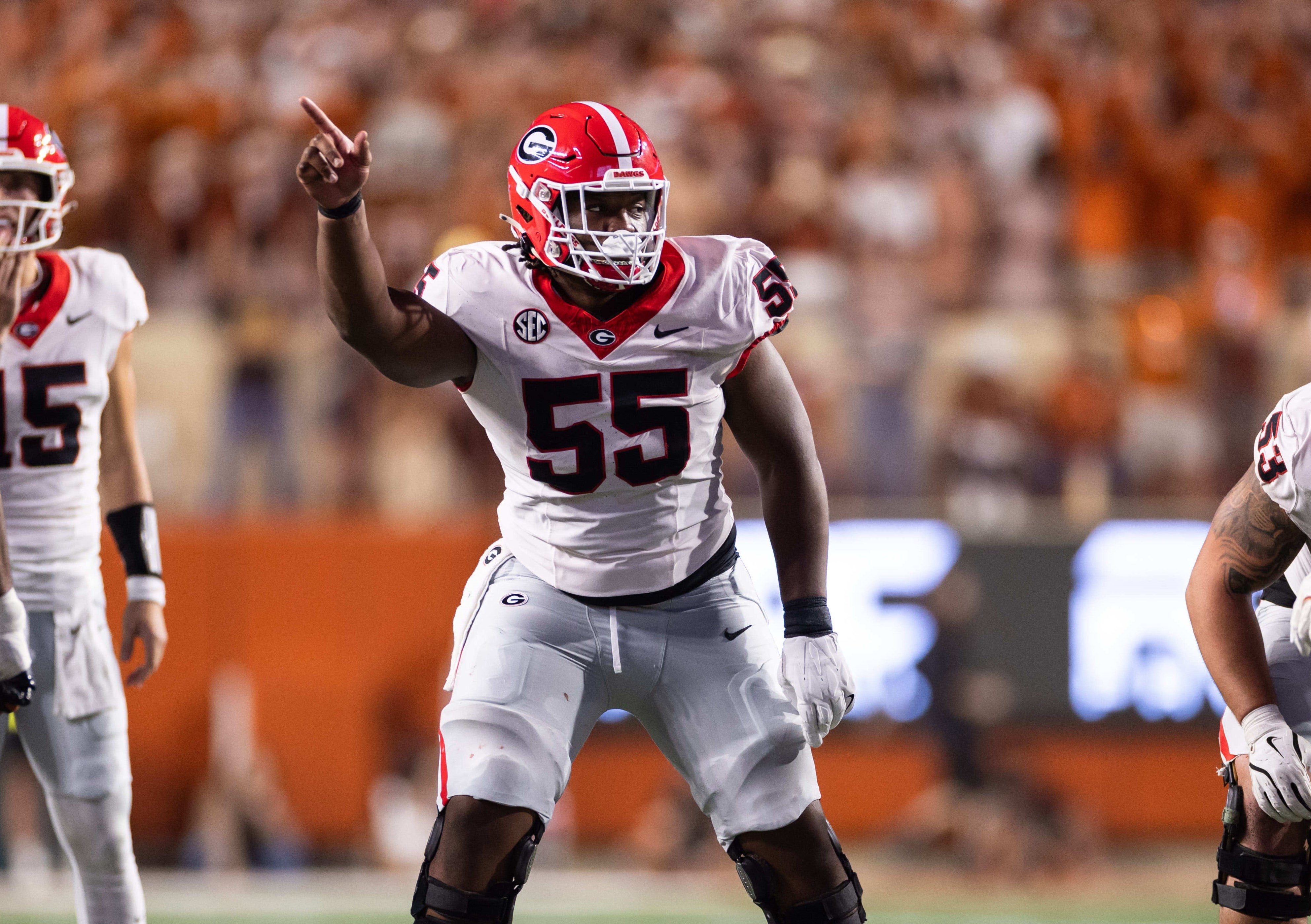 Oct 19, 2024; Austin, Texas, USA; Georgia Bulldogs center Jared Wilson (55) in the second quarter against the Texas Longhorns at Darrell K Royal-Texas Memorial Stadium.