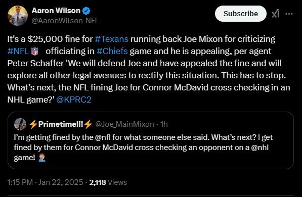 NFL Insider Aaron Wilson quote tweeting Houston Texans running back Joe Mixon complaining about his $25,000 fine from the National Football League for criticizing the officials.