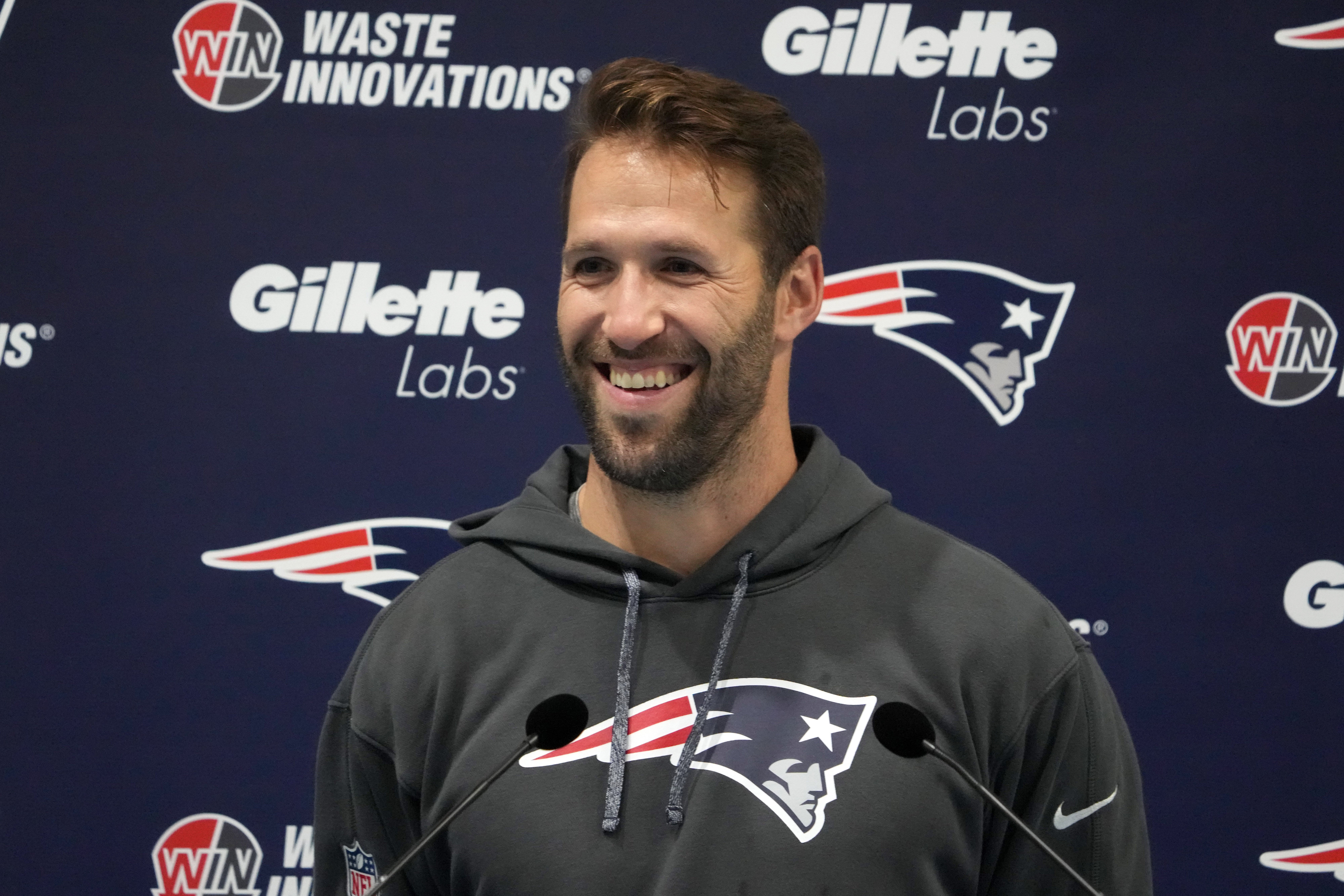 Oct 18, 2024; London, United Kingdom; New England Patriots special teams coordinator Jeremy Springer during press conference at the Harrow School.